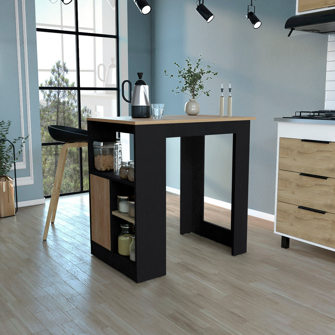 Kitchen Island 36" H, Three Open Side Storage Shelves And One Push To Open Cabinet, Black Natural Oak Multicolor Solid Wood Mdf Engineered Wood