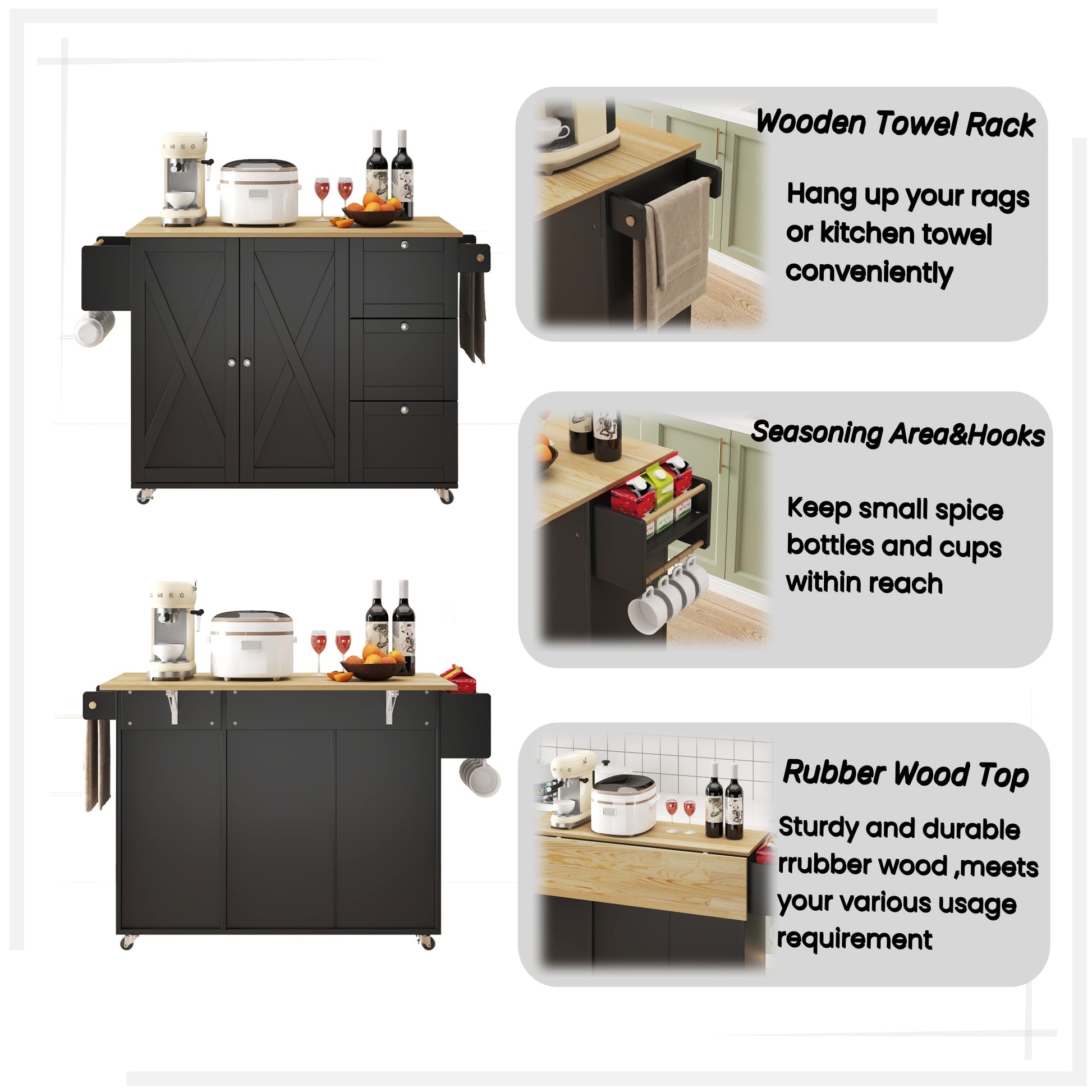 45.4" Farmhouse Black Rolling Kitchen Cart On Wheels With Storage Cabinet, Mobile Kitchen Island Cart With Drop Leaf Top, Spice Rack, Towel Bar, Adjustable Shelf, Drawers And Hooks Black Kitchen Rustic Rectangular Kitchen Carts Mdf Medium 40 55In