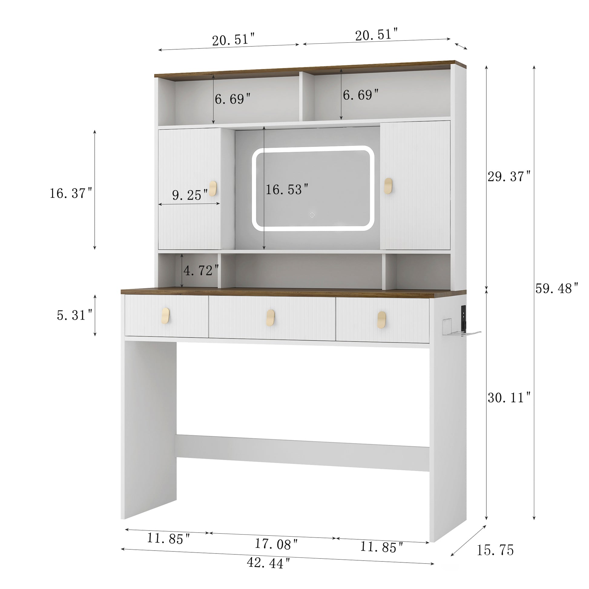 Farmhouse Dressing Table Makeup Table, 43" Wide Dressing Table With Lighted Mirror And Makeup Drawer, Large Modern Dressing Table Set With Hair Dryer Holder For Bedroom, White White Mdf