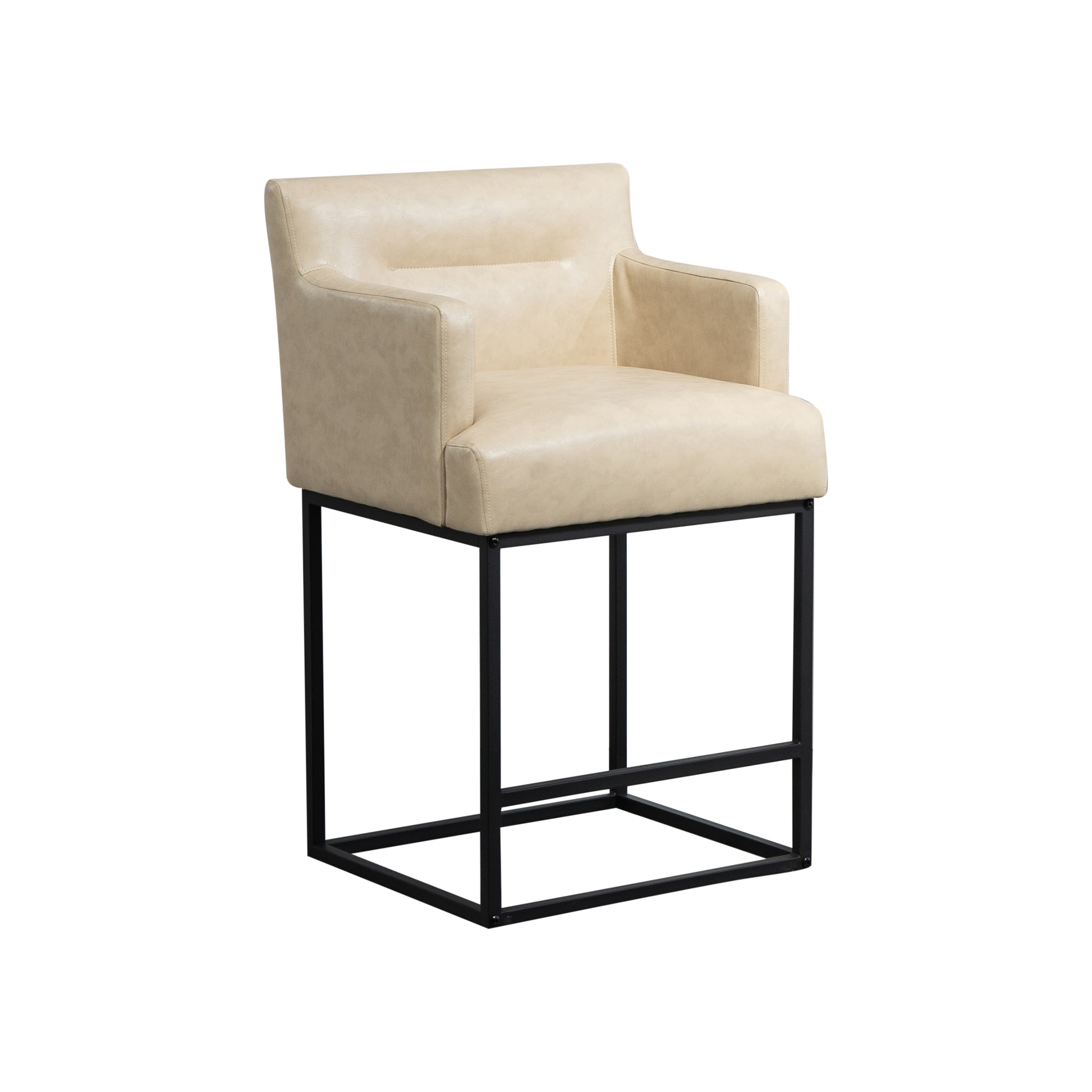 Coolmore Counter Height Bar Stools Set Of 2, Modern Barrel Bar Stool With Backrest And Arms, Black Metal Frames, Upholstered Bar Stools For Kitchen Island, Pub, Club Khaki Foam Pu Leather