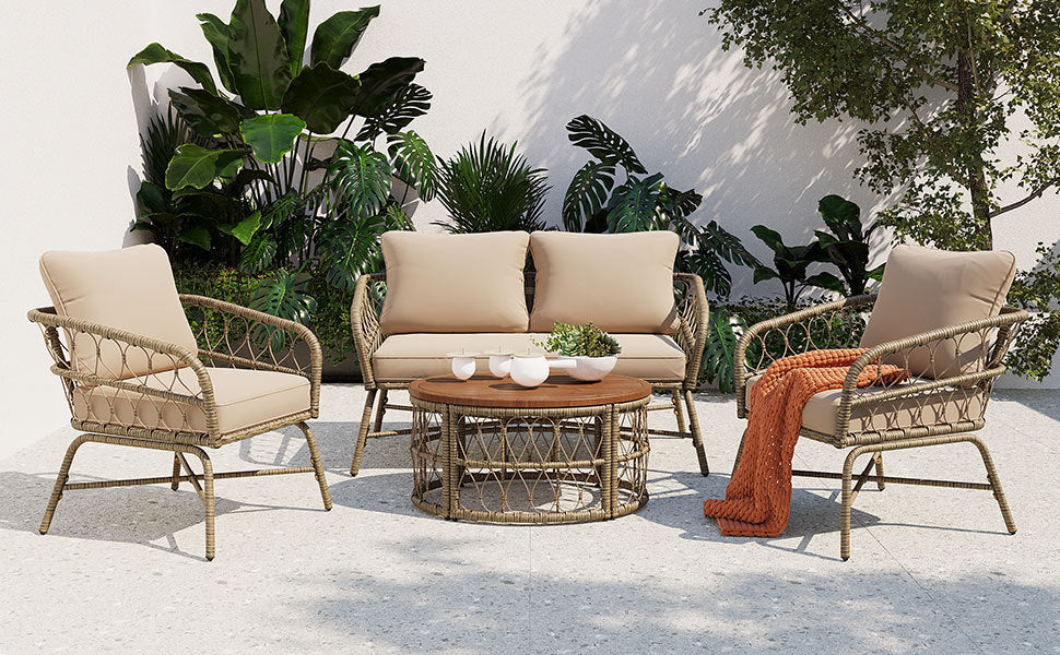 Bohemia Inspired 4 Person Outdoor Seating Group With Removable Cushions, Conversation Patio Set With Wood Tabletop, Beige Yes Beige Garden & Outdoor Complete Patio Sets Foam Wicker