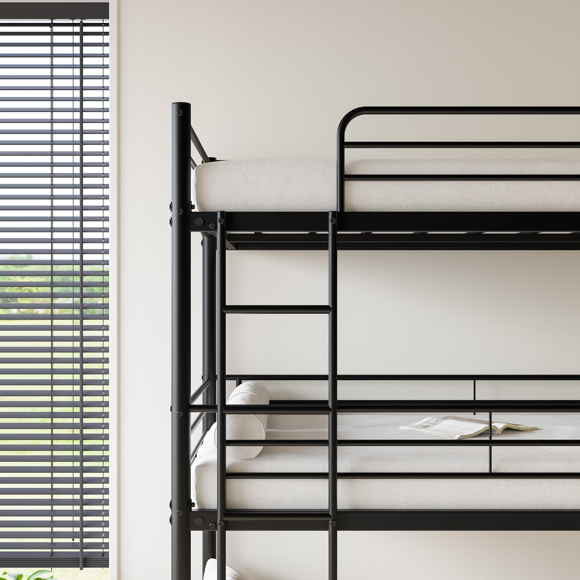 Triple Twin Bunk Beds, Twin Over Twin Over Twin Metal Bunk Bed Platform Frame, Two Attached Ladders, Easy Access Guard Rail, No Box Spring Need Black Box Spring Not Required Twin Black Metal Bedroom