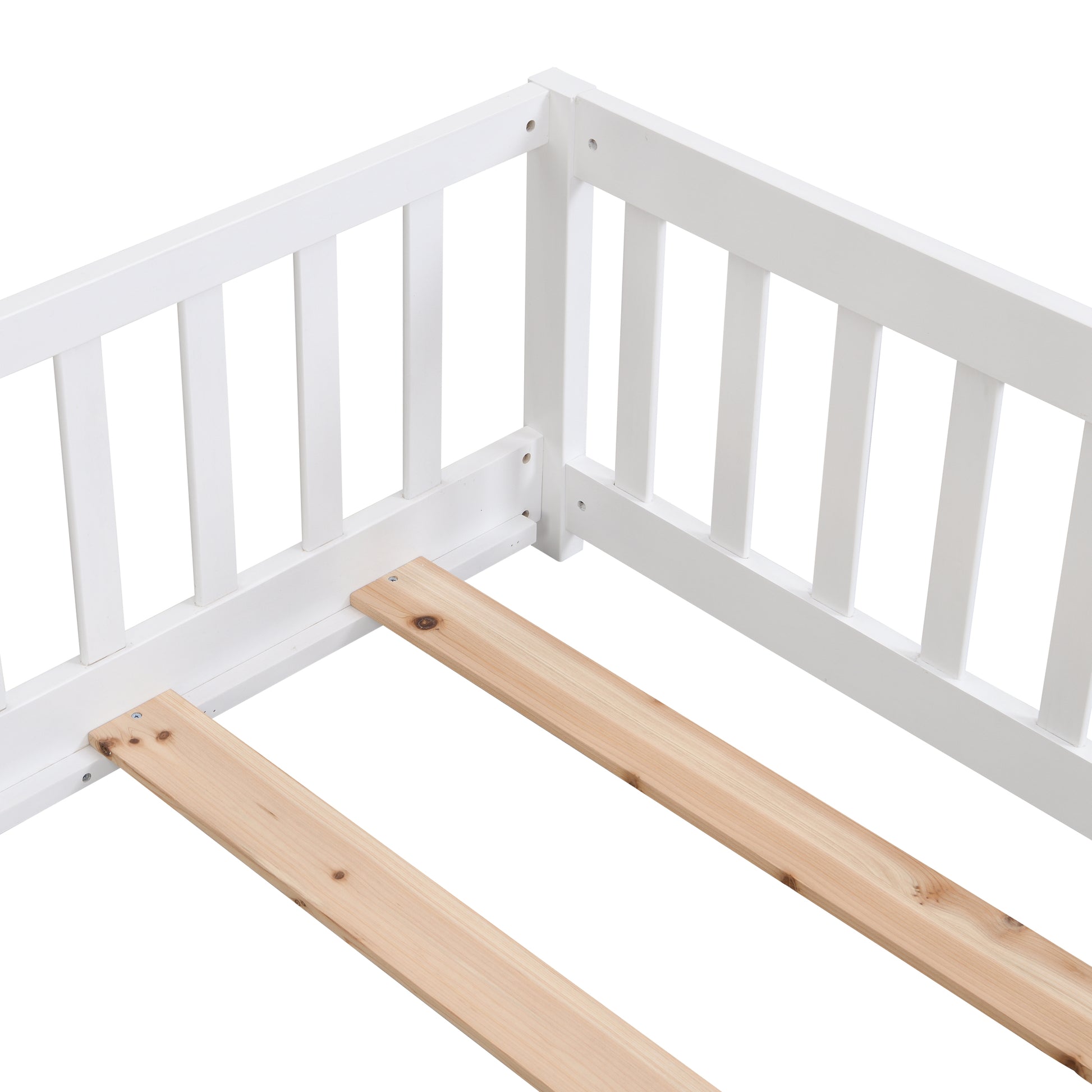 Queen Size Floor Bed With Door,Solid Wood Platform Bed Frame With Fence,Suitable For Children,Pine Wood,White Queen White Wood