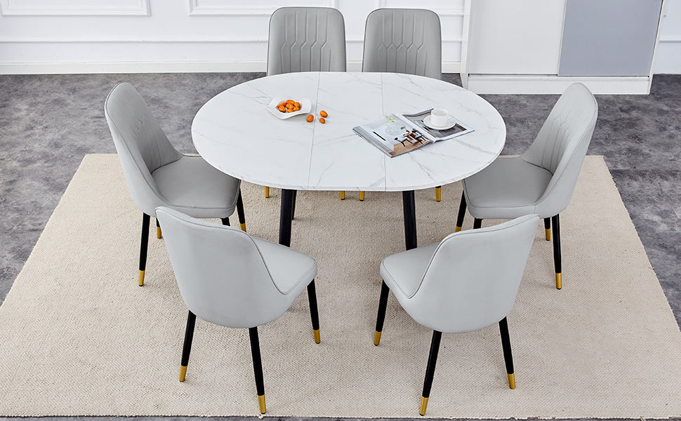 Table And Chair Set.Modern Extendable Mdf Dining Table.The Table Has A Telescopic Design, Suitable For Gatherings Of Different Size.Paired With 6 Light Gray Chairs With Pu Cushions And Metal Legs. Light Gray,White Seats 6 Mdf Metal