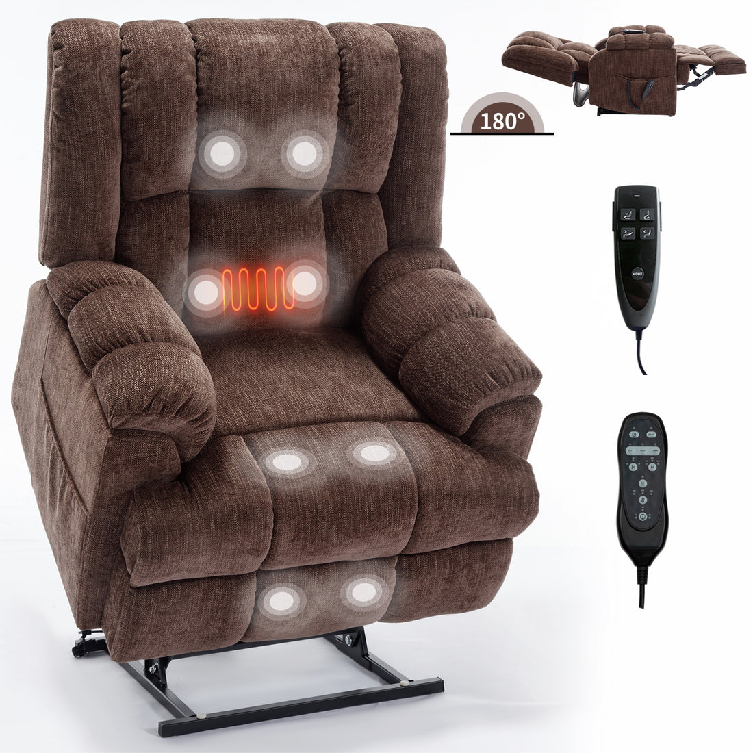 Dual Motor Heat Massage Infinite Position Up To 350 Lbs Electric Power Lift Recliners With Power Remote, Medium Firm And Heavy Duty, Brown White Metal Primary Living Space Heavy Duty Pine Brown Chenille Power Remote Medium Firm Cushion Back American