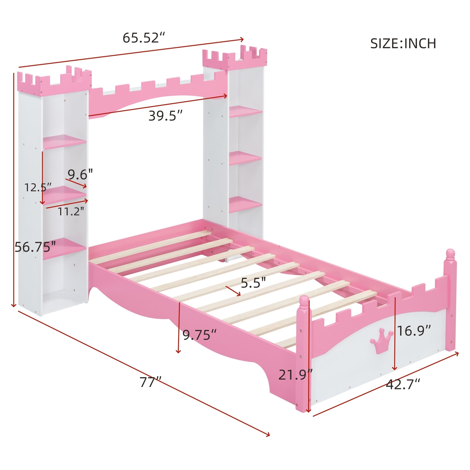 Castle Shaped Wooden Bed With Storage Shelf, Dreamy Twin Size Platform Bed For Kids Bedroom, White Pink Expected Arrival Time:8.14 Twin White Pink Wood