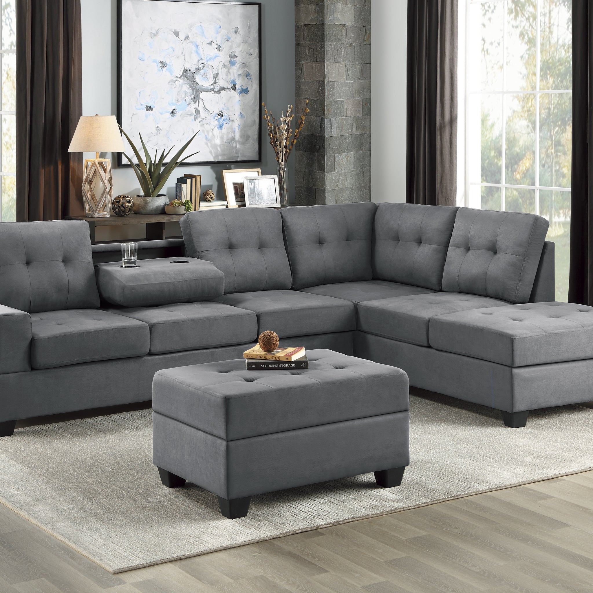 Modern Living Room 3 Piece Sectional Reversible Sofa Chaise Storage Ottoman Tufted Detail Dark Gray Microfiber Upholstered Drop Down Cup Holder Solid Wood Frame Furniture Dark Gray Microfiber Wood