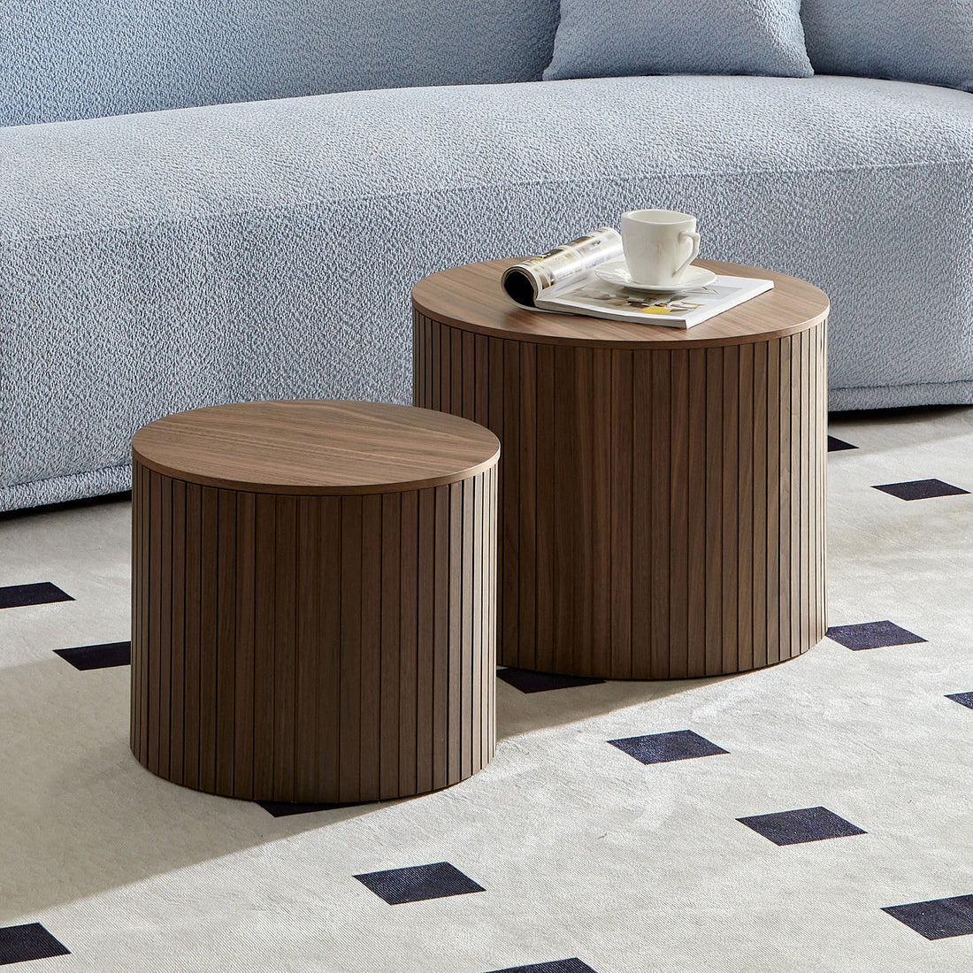 Mdf Nested Table Set 2 Pieces, Handcrafted Round Coffee Table In Living Lounge Area, Walnut Color Walnut Round Round Mdf
