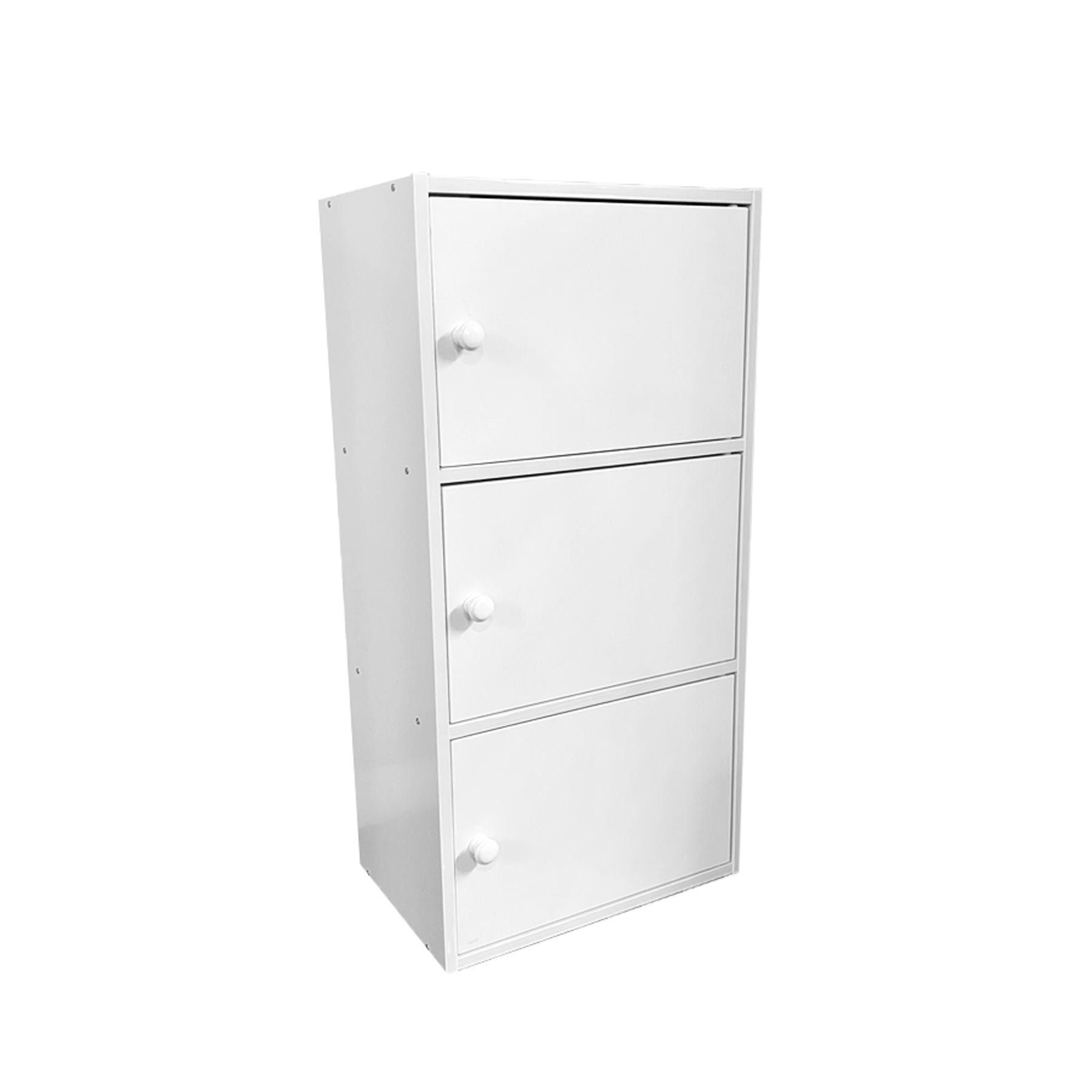 Three Door Storage Utility Cabinet Entryway Living Room Garage Hallway Bathroom White Wooden Knob Handle White Particle Board Mdf