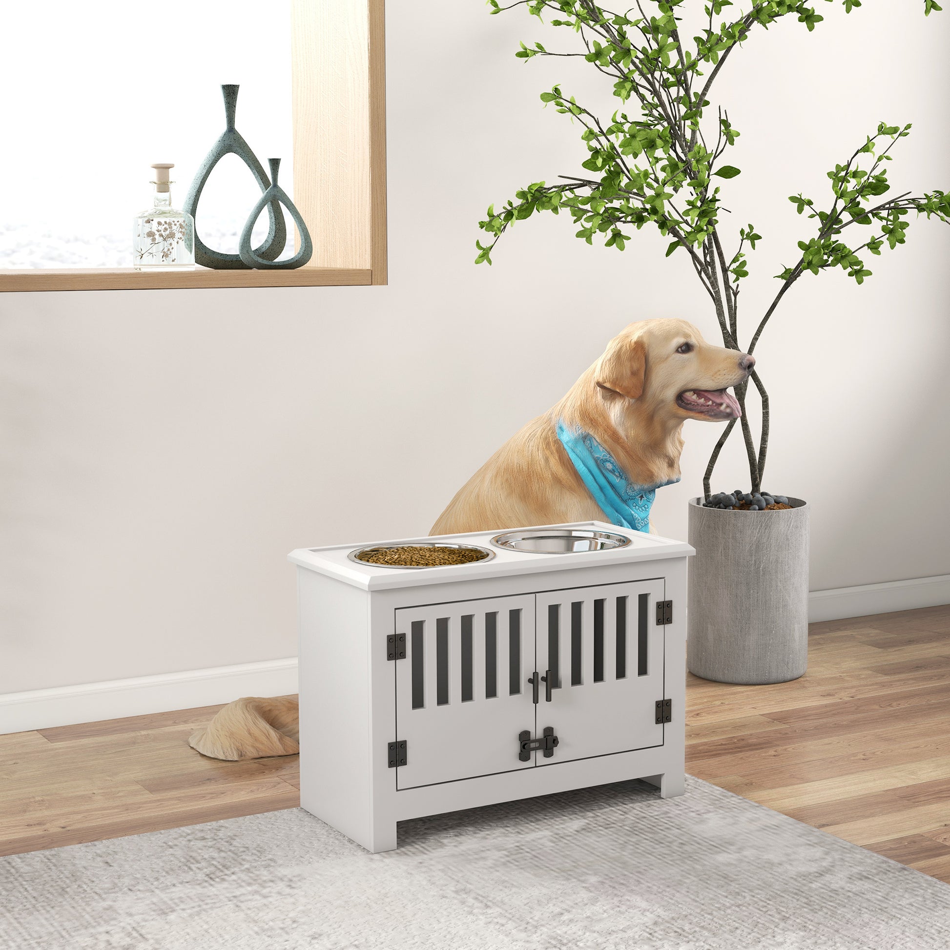 Pawhut Large Elevated Dog Bowls With Storage Cabinet Containing Large 37L Capacity, Raised Dog Bowl Stand Pet Food Bowl Dog Feeding Station, White White Mdf