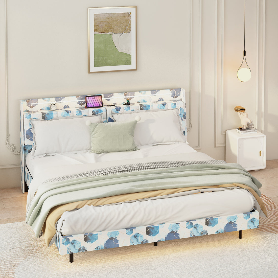 Queen Floating Bed Frame With Led Light And Charging Station Upholstered Platform Bed Frame Queen Size With Headboard And Hidden Storage Space, No Box Spring Needed, Blue Box Spring Not Required Queen Blue Geometry Metal Bedroom Bed Frame Velvet Velvet