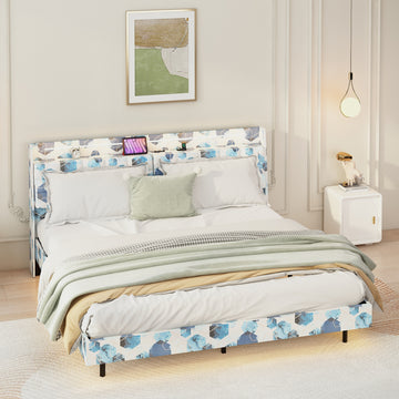 Queen Floating Bed Frame With Led Light And Charging Station Upholstered Platform Bed Frame Queen Size With Headboard And Hidden Storage Space, No Box Spring Needed, Blue Box Spring Not Required Queen Blue Geometry Metal Bedroom Bed Frame Velvet Velvet