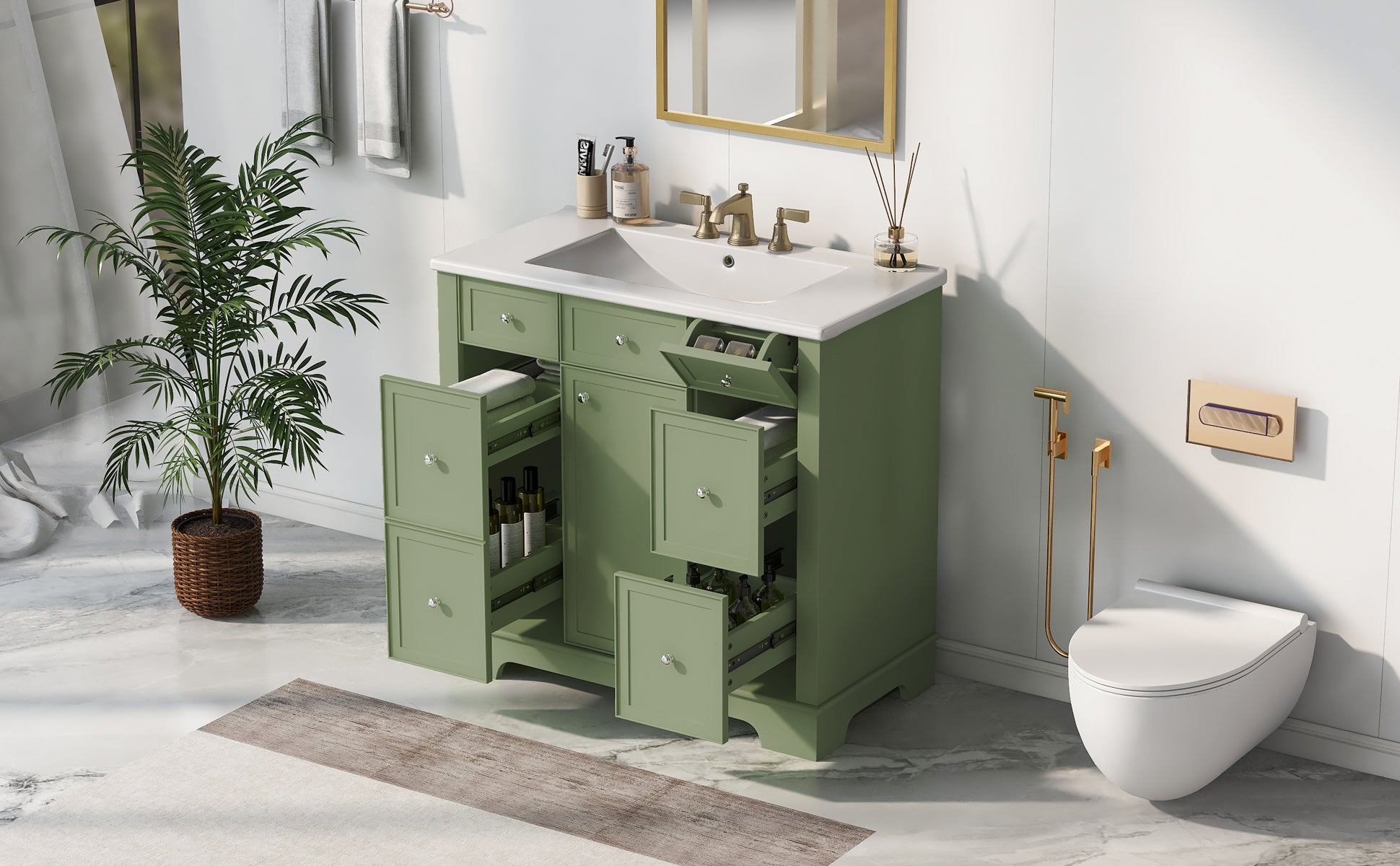 36" Bathroom Vanity With Sink, One Cabinet With Three Drawers And One Flip Drawer, Solid Wood And Mdf Board, Green Green Solid Wood Mdf