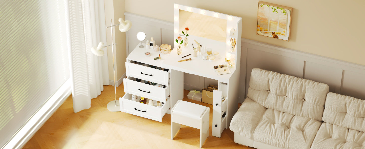 55.2" Vanity Desk With Freely Adjustable Side Cabinet, Makeup Vanity With Hollywood Lights, 5 Storage Drawers & 2 Shelves, Modern Dressing Table, White White Mdf,Tempered Glass
