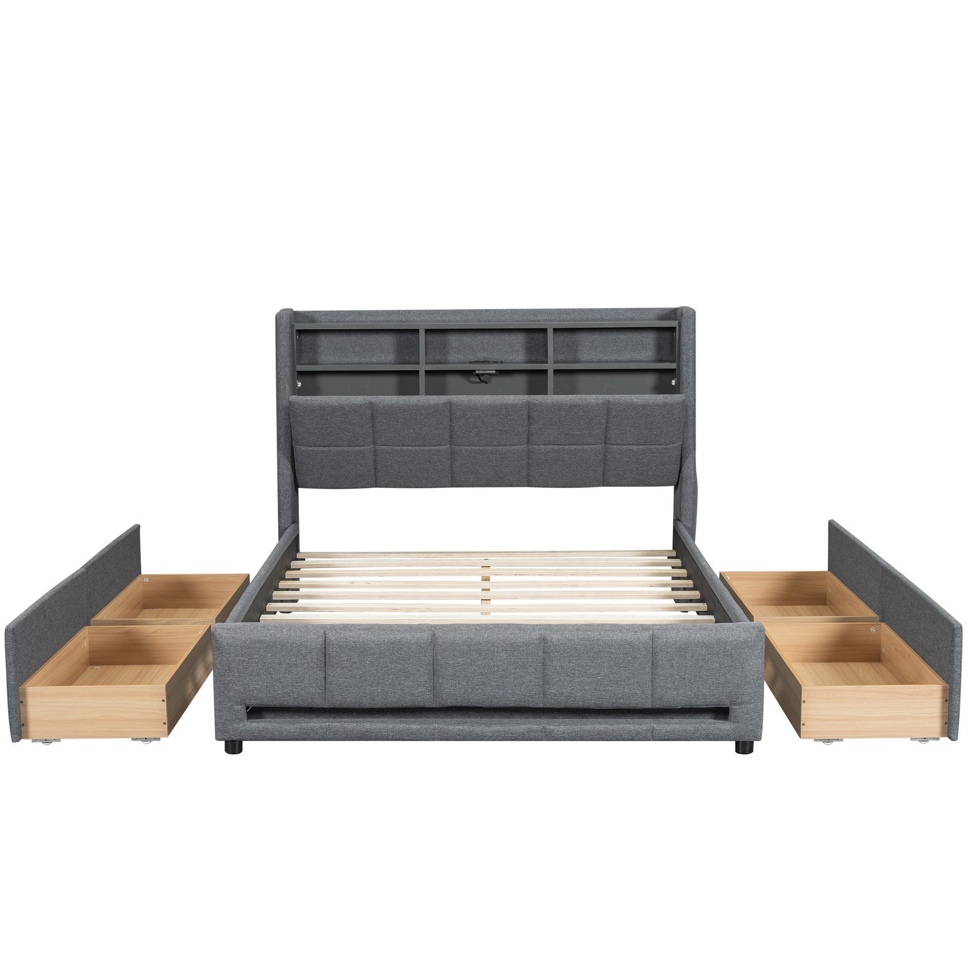 Full Size Upholstered Platform Bed With Storage Headboard, Led, Usb Charging And 4 Drawers, Gray Full Box Spring Not Required Gray Wood Linen Upholstered