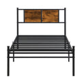 Twin Xl Size Metal Bedframe,Headboard With Wood Panel Decoration,Black Black Brown Metal