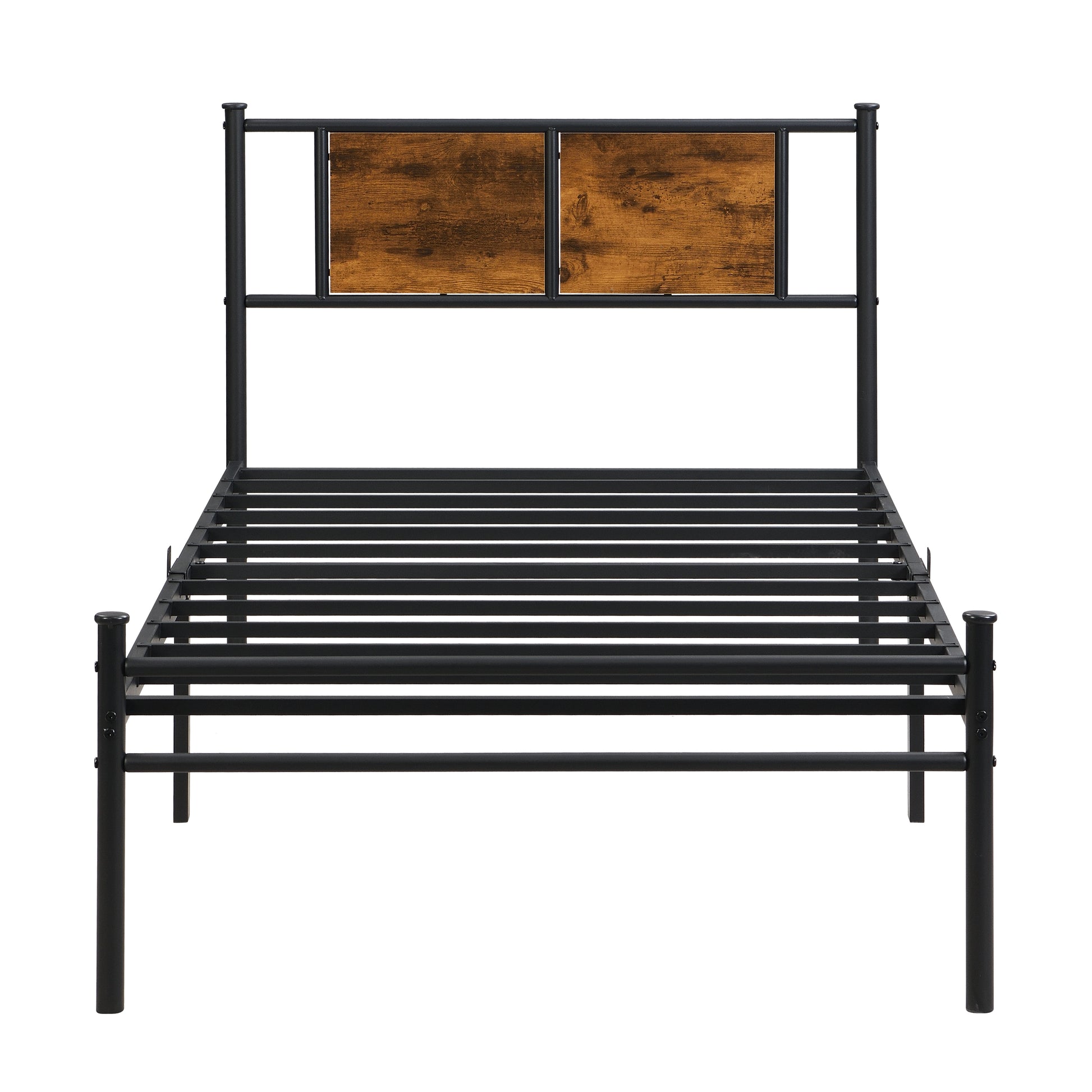 Twin Xl Size Metal Bedframe,Headboard With Wood Panel Decoration,Black Black Brown Metal