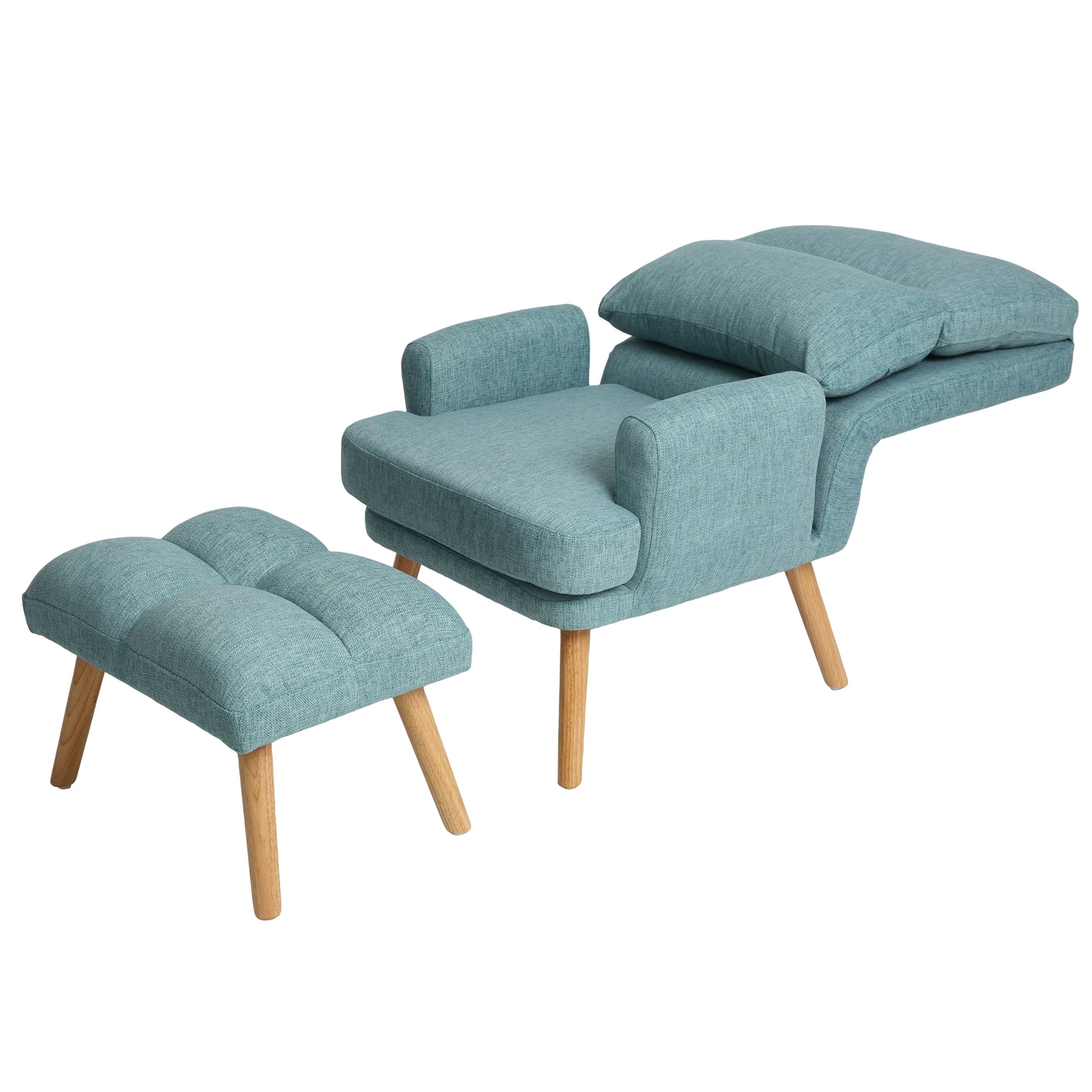 Accent Chair With Ottoman Set, Fabric Armchair With Wood Legs And Adjustable Backrestmid Century Modern Comfy Lounge Chair For Living Room, Bedroom, Reading Room And Study Green Textile 1 Seat