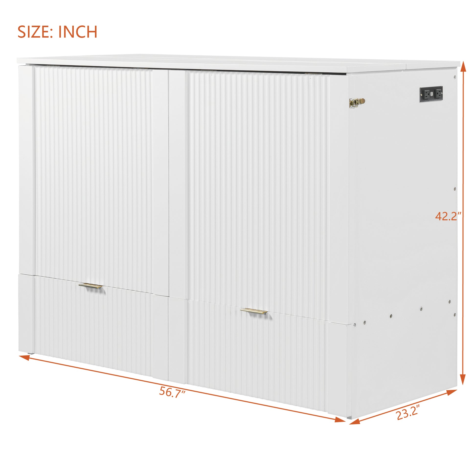 Full Size Murphy Bed With Drawer And A Set Of Sockets & Usb Ports, Pulley Structure Design, White Full White Plywood