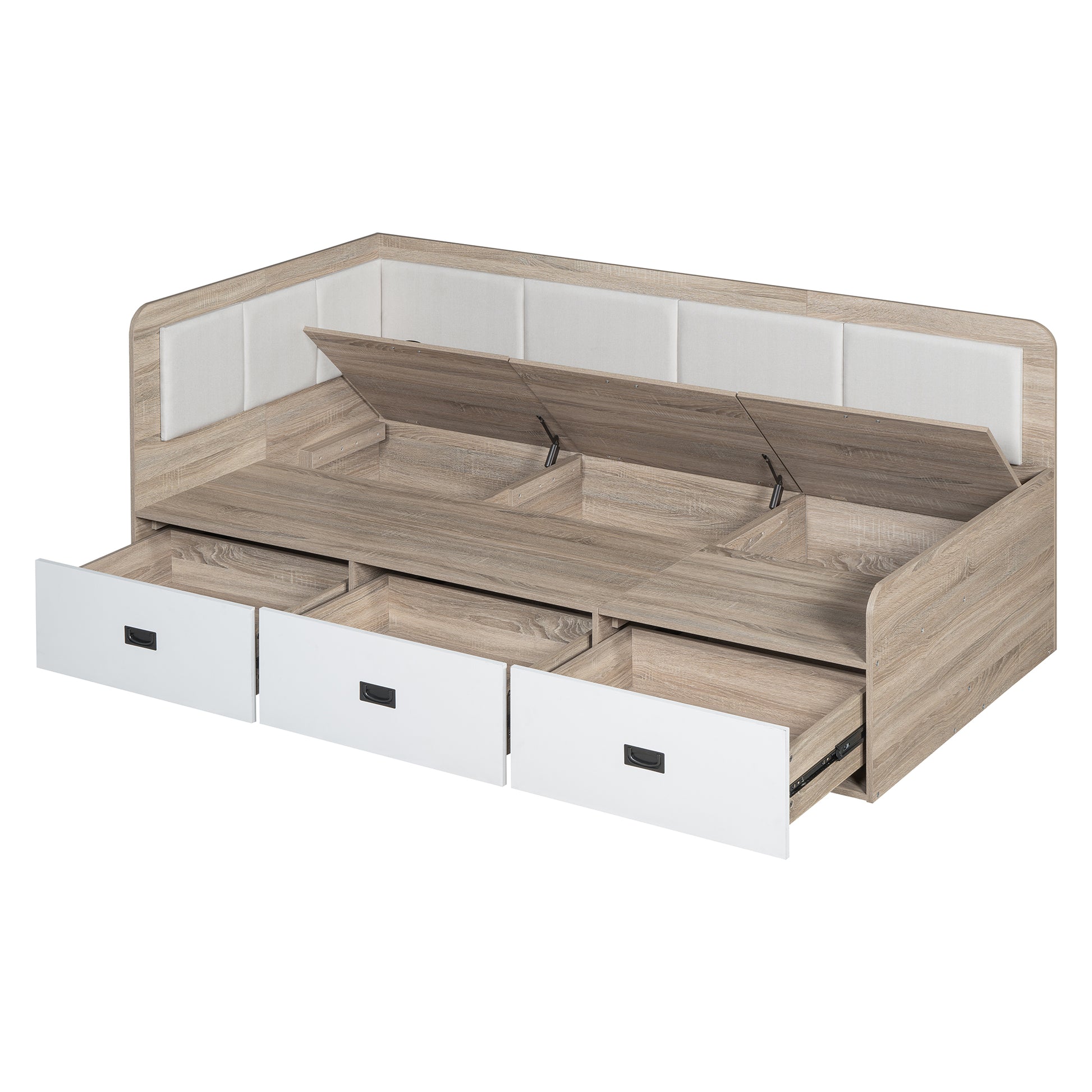 Twin Size Daybed With Three Drawers And Three Storage Compartments, Nature Beige Twin Beige Natural Mdf