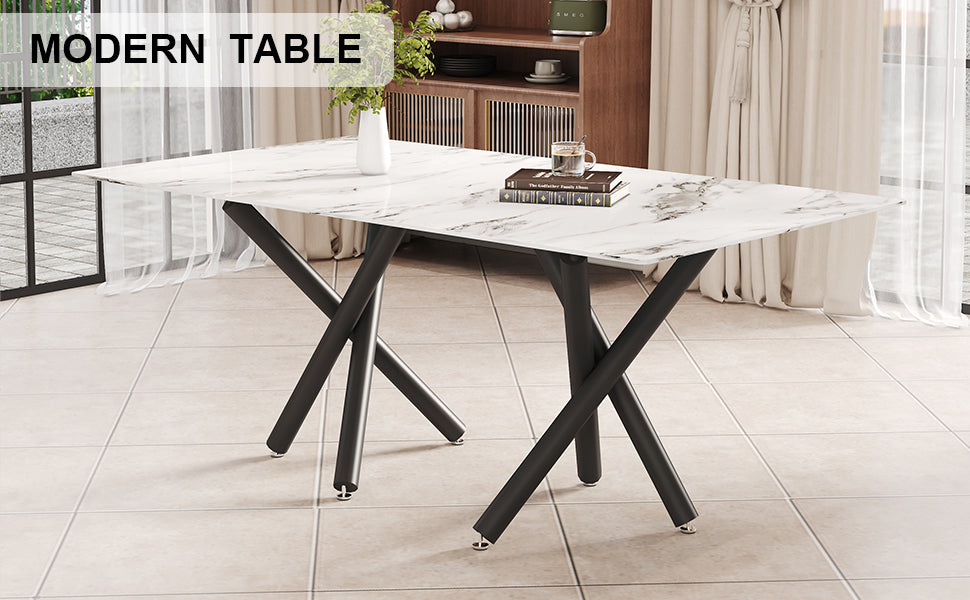 Large Modern Minimalist Rectangular Glass Dining Table, Suitable For 6 8 People, 0.39 Inch Imitation Marble Tabletop And Black Metal Legs, Used For Kitchen, Dining Room, Living Room, Conference Room. White Black Glass