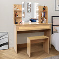 Vanity Desk Set Stool & Dressing Table With Led Lighting Mirror Drawer And Compartments Modern Wood Cosmetic Table Chest Of Drawers Nature Color Natural Wood Particle Board