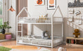 Metal Twin Over Twin House Bunk Bed With Fence And Door, White Box Spring Not Required Twin White Metal Bedroom Metal
