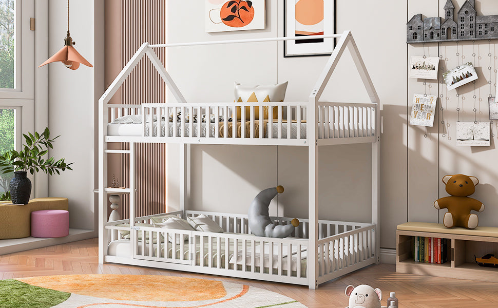 Metal Twin Over Twin House Bunk Bed With Fence And Door, White Box Spring Not Required Twin White Metal Bedroom Metal