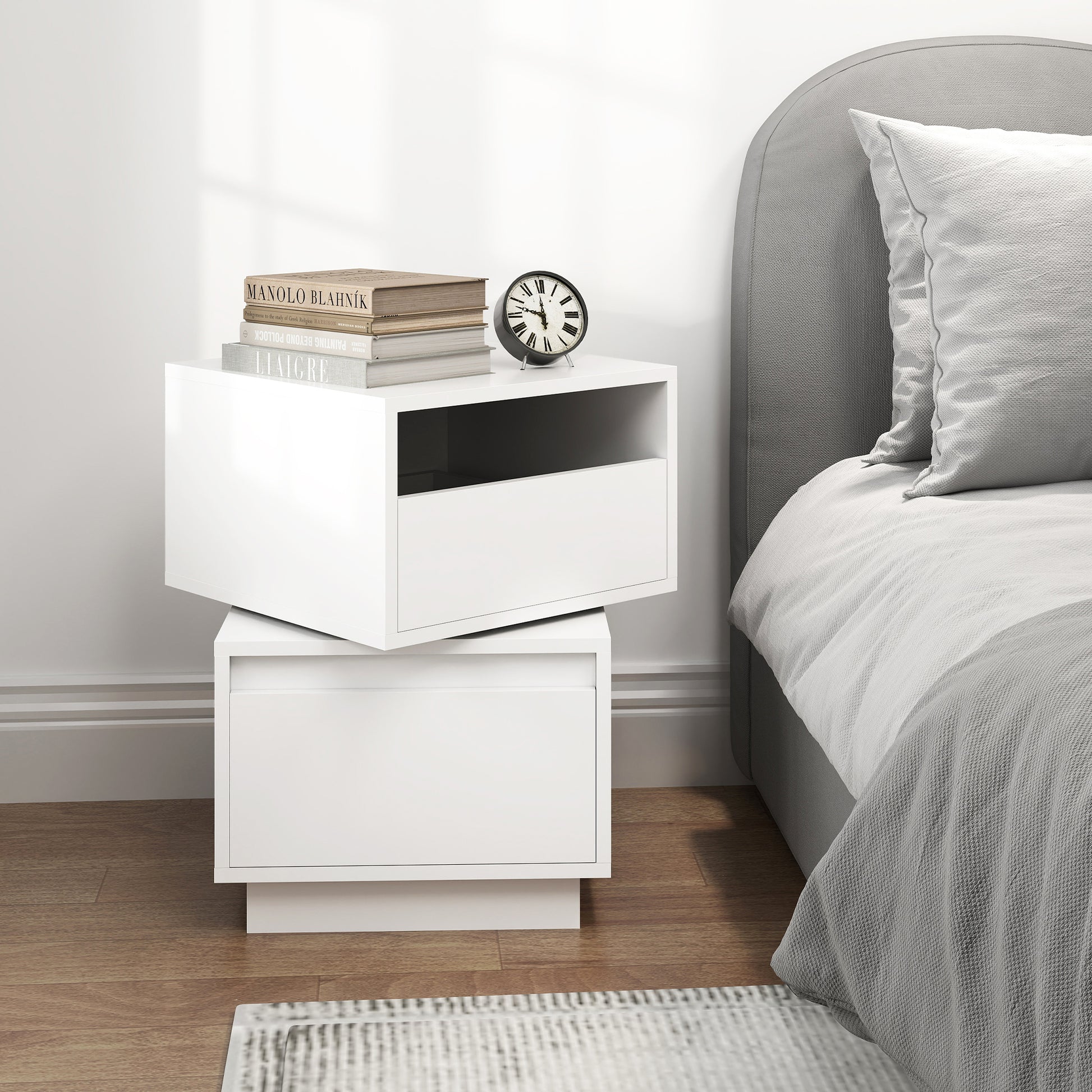 Rotatable Nightstand End Table, Bedside Table With 2 Drawers, 2 Drawer Dresser For Bedroom, Closet, Entryway, College Dorm, White White 2 Drawers Bedroom Bedside Cabinet Artsy,Classic Space Saving Particle Board