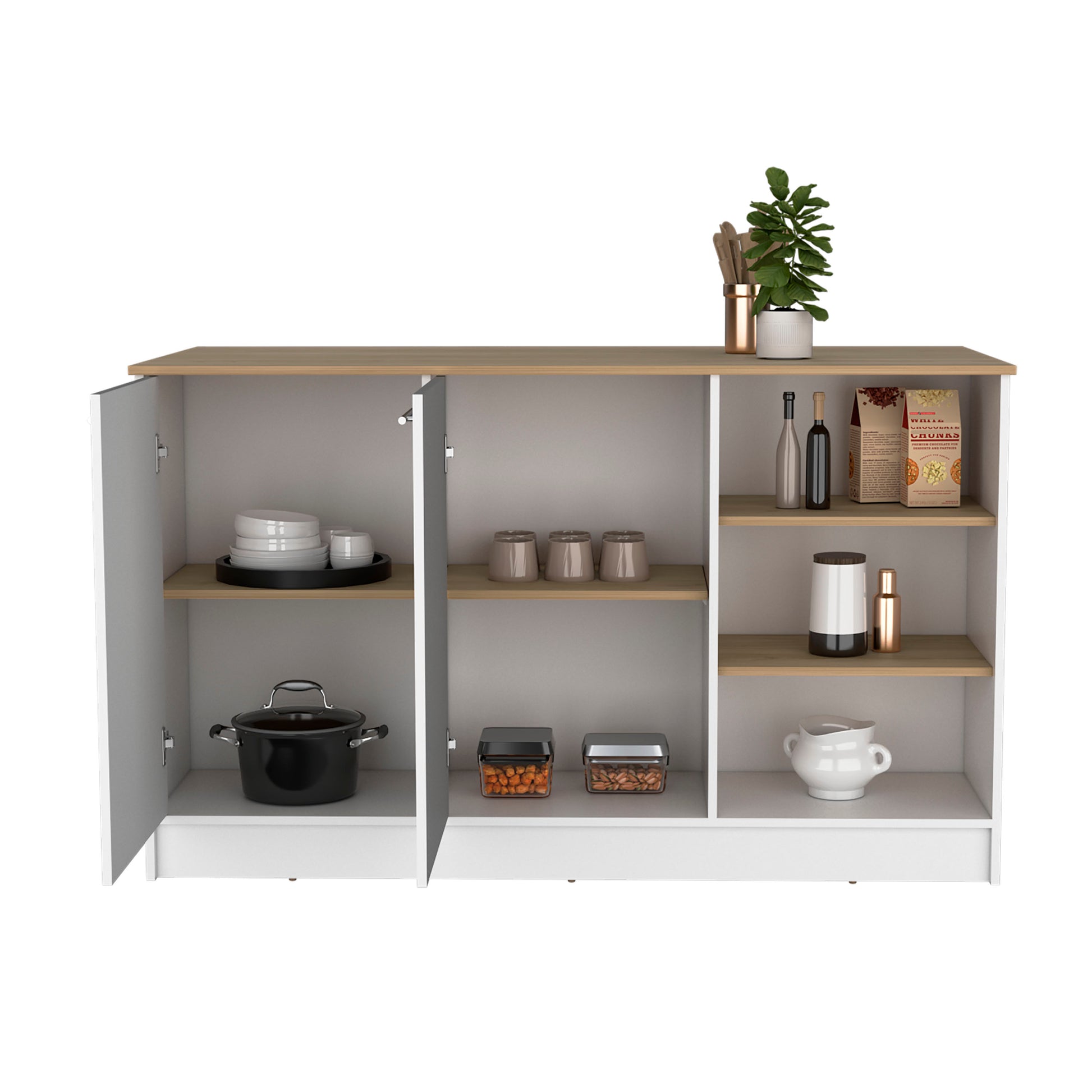 Ginger Kitchen Island, Three Open Shelves, Two Cabinets Multi Kitchen Modern Rectangular Stationary Kitchen Islands Particle Board Medium 40 55In