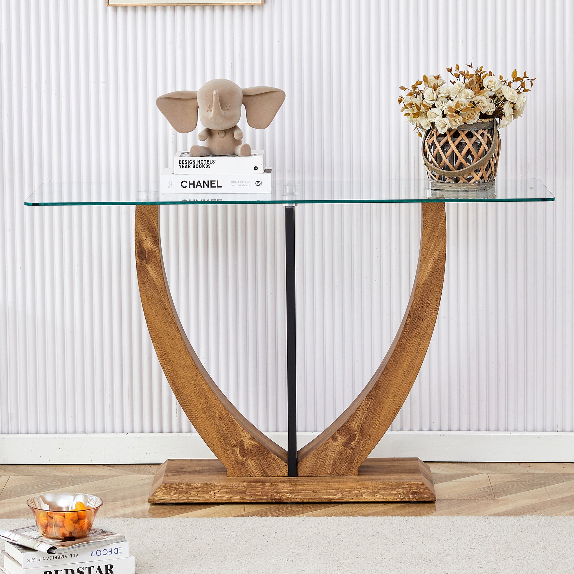 Modern Minimalist Rectangular Glass Table With 0.39 "Tempered Glass Top And Mdf Wood Grain Sticker Legs, Suitable For Entrance And Living Room. Transparent Glass