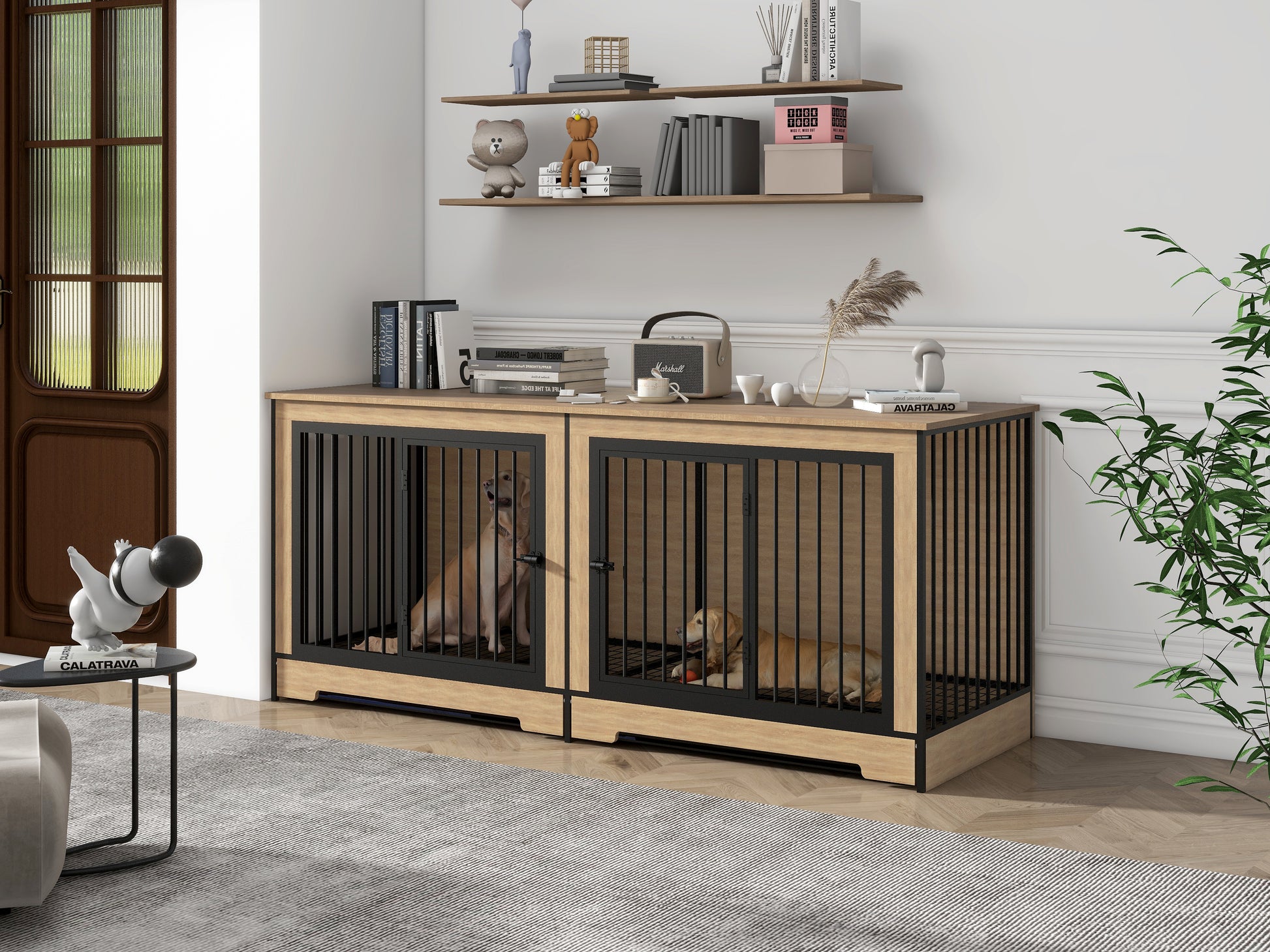 Dog Crate Furniture With Two Combined Room, Xl Large Double Dog Cage Furniture With Tray For Medium Large Dogs, Wooden Dog Kennel Furniture Black Natural Mdf Iron