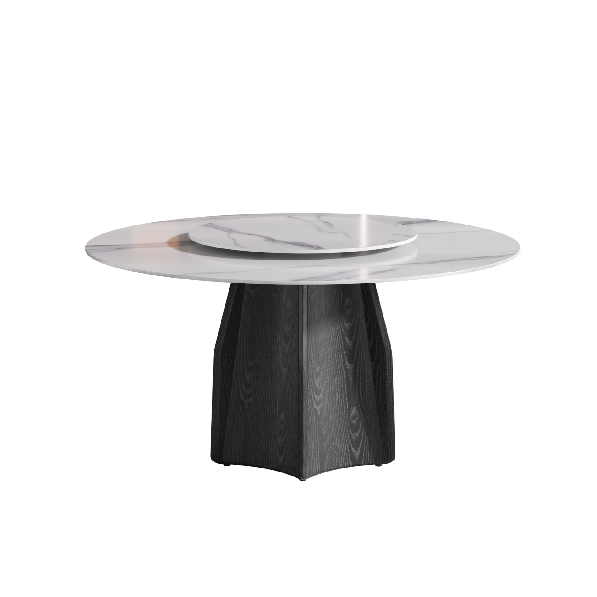 59.05" Round Marble Dining Table With Black Textured Solid Wood Base, Artificial Marble For 6 8 People, 31.5"White Artificial Stone Turntable,White Dining Table Only Black,White Dining Room Modern