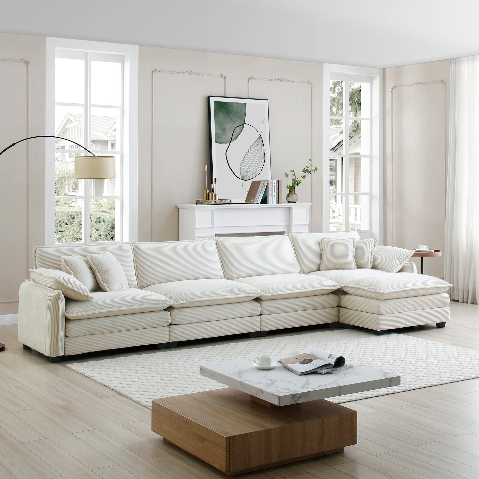 Corduroy Sofa Modern Upholstered 4 Seater With With 1 Footstool Corduroy Fabric Sofaoffice Living Room Apartment Comfort Sofa, Easy To Assemble With 2 Arm Pillows And 4 Throw Pillows Beige Corduroy 4 Seat