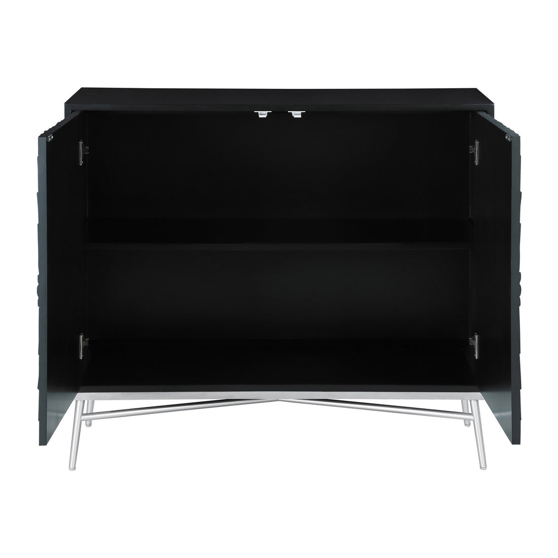 44 Inch 2 Door Accent Cabinet Console, Steel Legs, Silver Medallion, Black Black And Silver Metal