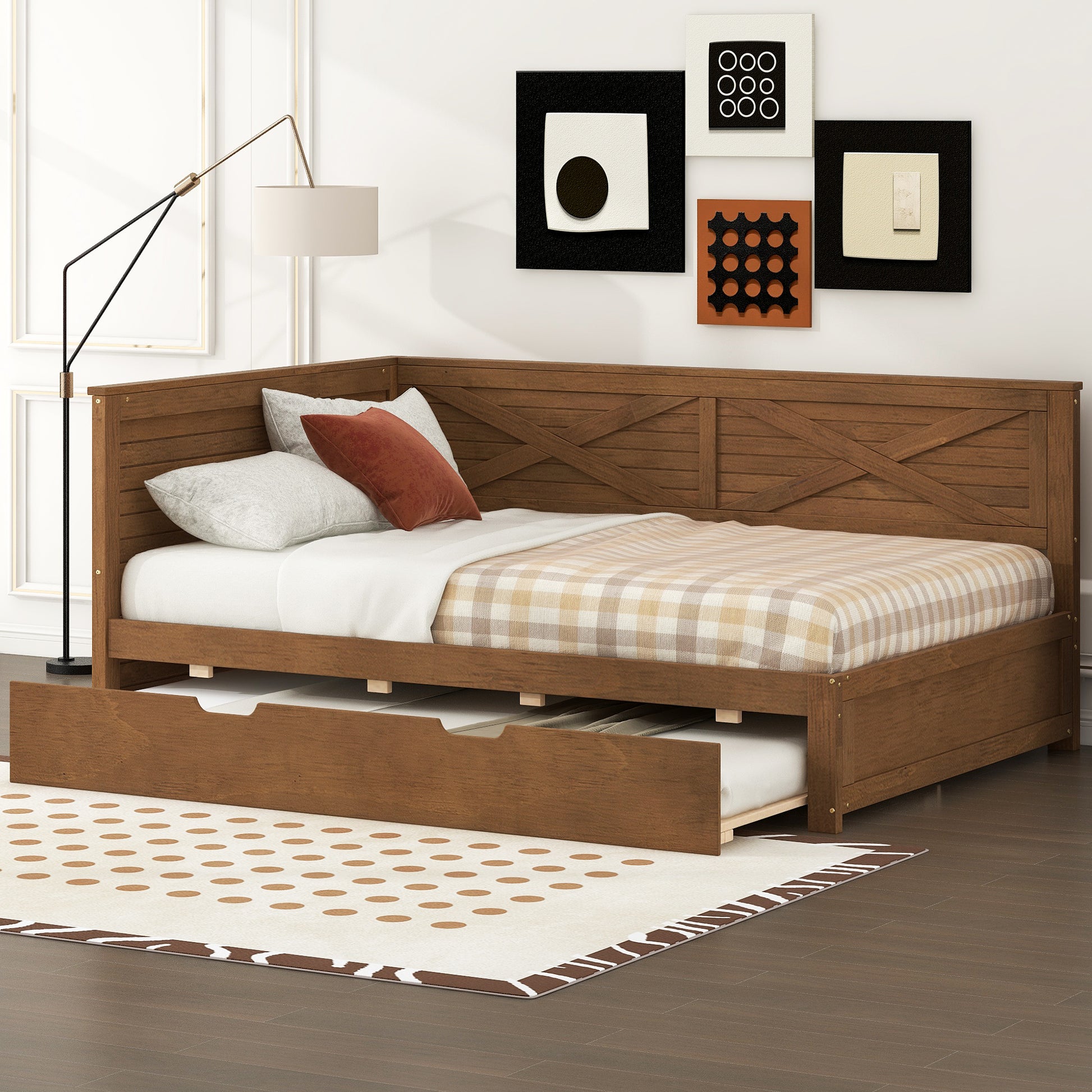 Twin Size Wood Daybed With Trundle And Rustic Guardrail, Ancient Brown Box Spring Not Required Twin Brown Wood Bedroom Solid Wood Mdf