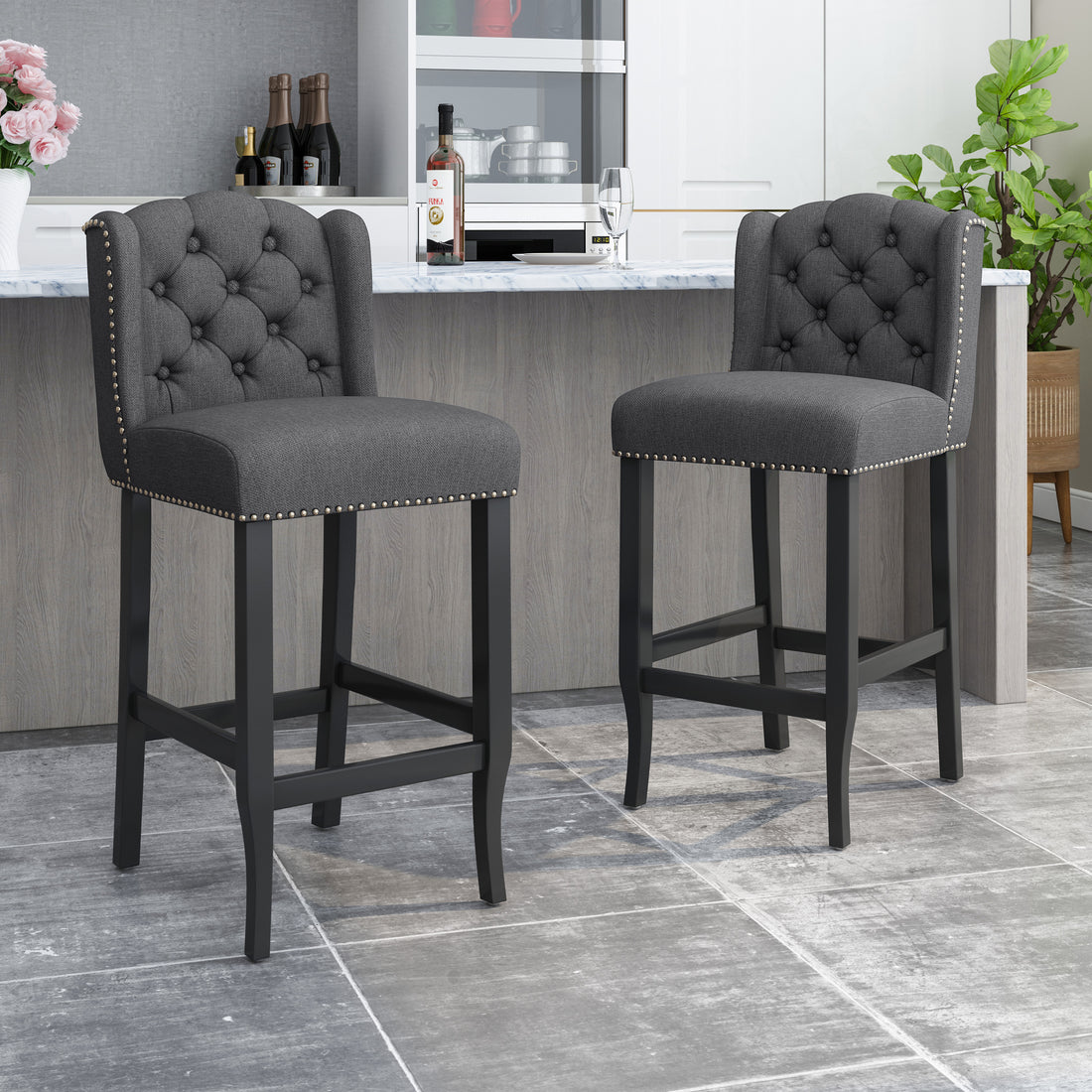 Vienna Contemporary Fabric Tufted Wingback 31 Inch Counter Stools, Set Of 2, Charcoal And Dark Brown Charcoal Fabric