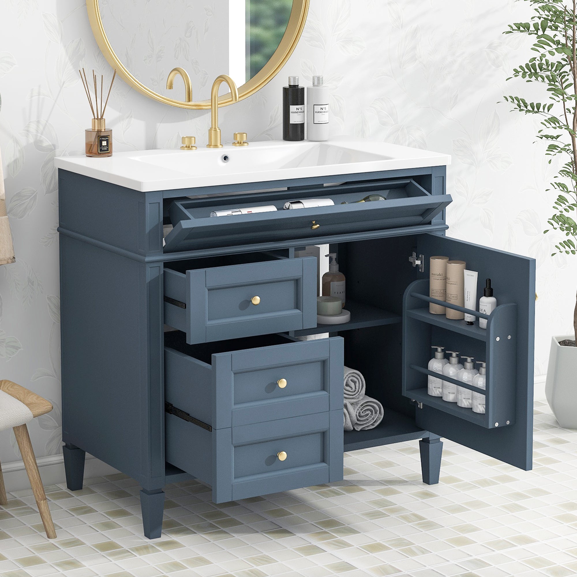 36'' Bathroom Vanity With Top Sink, Modern Bathroom Storage Cabinet With 2 Drawers And A Tip Out Drawer, Single Sink Bathroom Vanity 3 Blue 1 1 Adjustable Shelves Bathroom Freestanding Modern Solid Wood Mdf Resin Painted