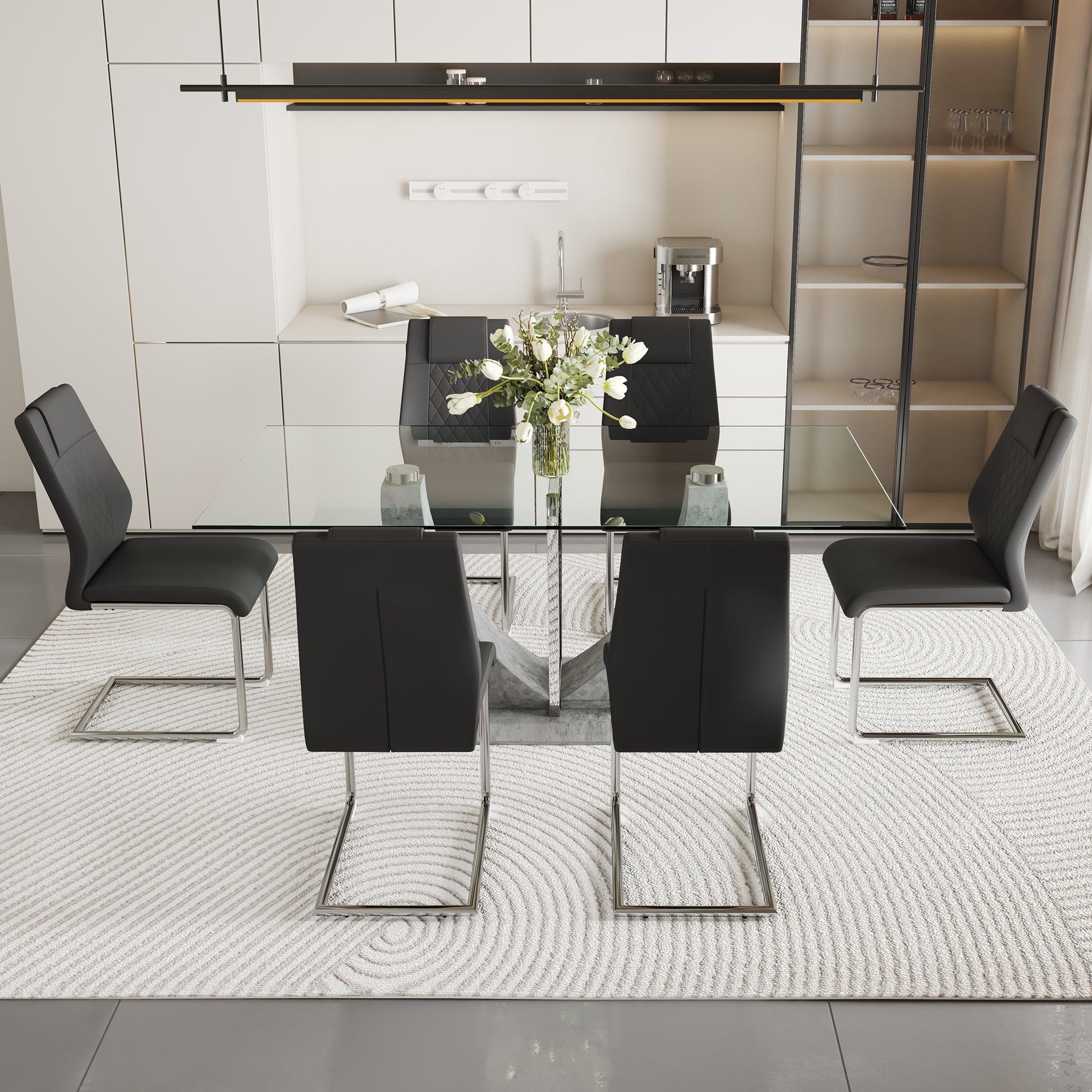 Table And Chair Set, Large Modern Rectangular Glass Table, Can Accommodate 6 8 People, Equipped With A 0.39 Inch Tempered Glass Tabletop And Large Mdf Table Legs, Comfortable And Soft Chairs. Transparent Mdf Glass