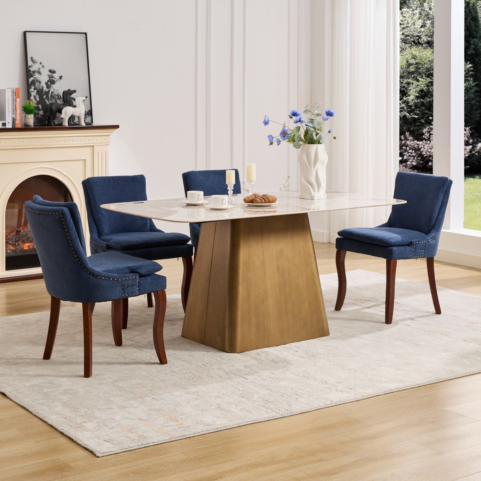 Modern Dining Chairs Set Of 2,Double Layer Cushioned Chenille Fabric Upholstered Accent Side Leisure Chairs With Mid Back And Curved Solid Wood Legs For Living Room Dining Room Blue Blue Dining Room American Design Dining Chairs Rubberwood Set Of 2 Foam