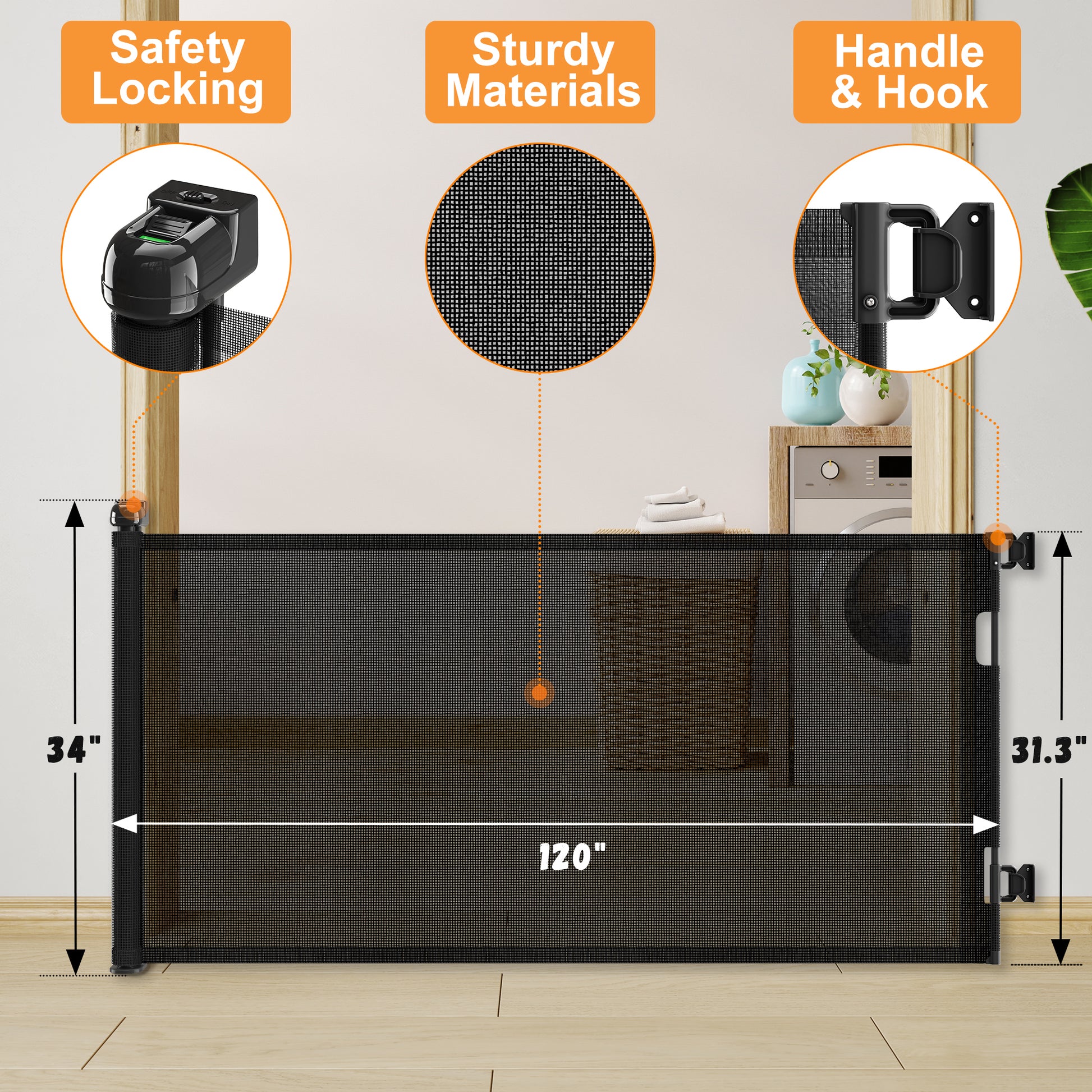 Retractable Baby Gate, Mesh Dog Gate For Doorways, Extends Up To 120" Wide, 33" Tall Child Safety Gate For Doorways, Indoor & Outdoors, Stairs, Hallways, Black Black Plastic