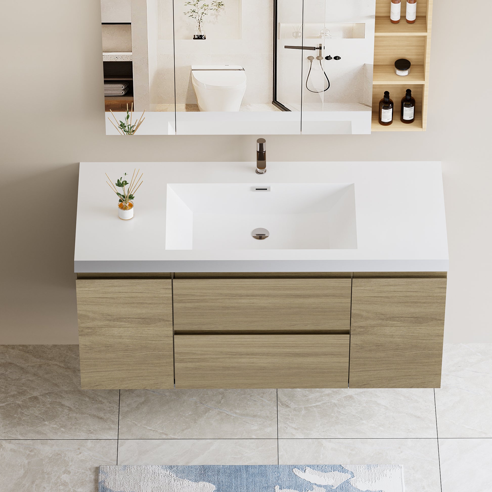 48" Floating Bathroom Vanity With Sink, Modern Wall Mounted Bathroom Storage Vanity Cabinet With Resin Top Basin And Soft Close Drawers, Natural Oak 24V11 48No 2 Oak 2 Bathroom Wall Mounted Melamine