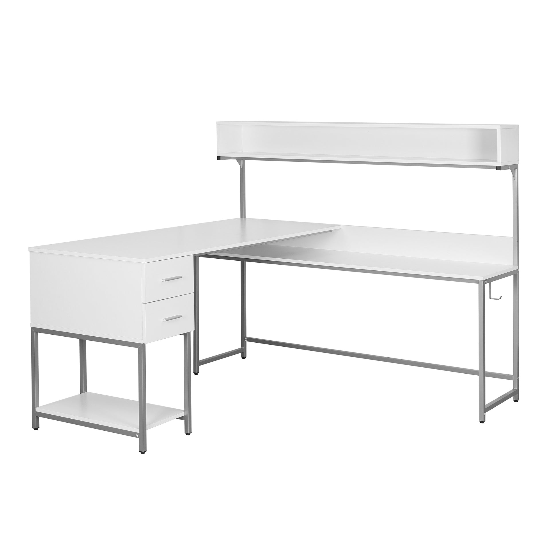 Techni Mobili L Shape Desk With Hutch And Storage, White White Computer Desk Office Modern L Shape Engineered Wood