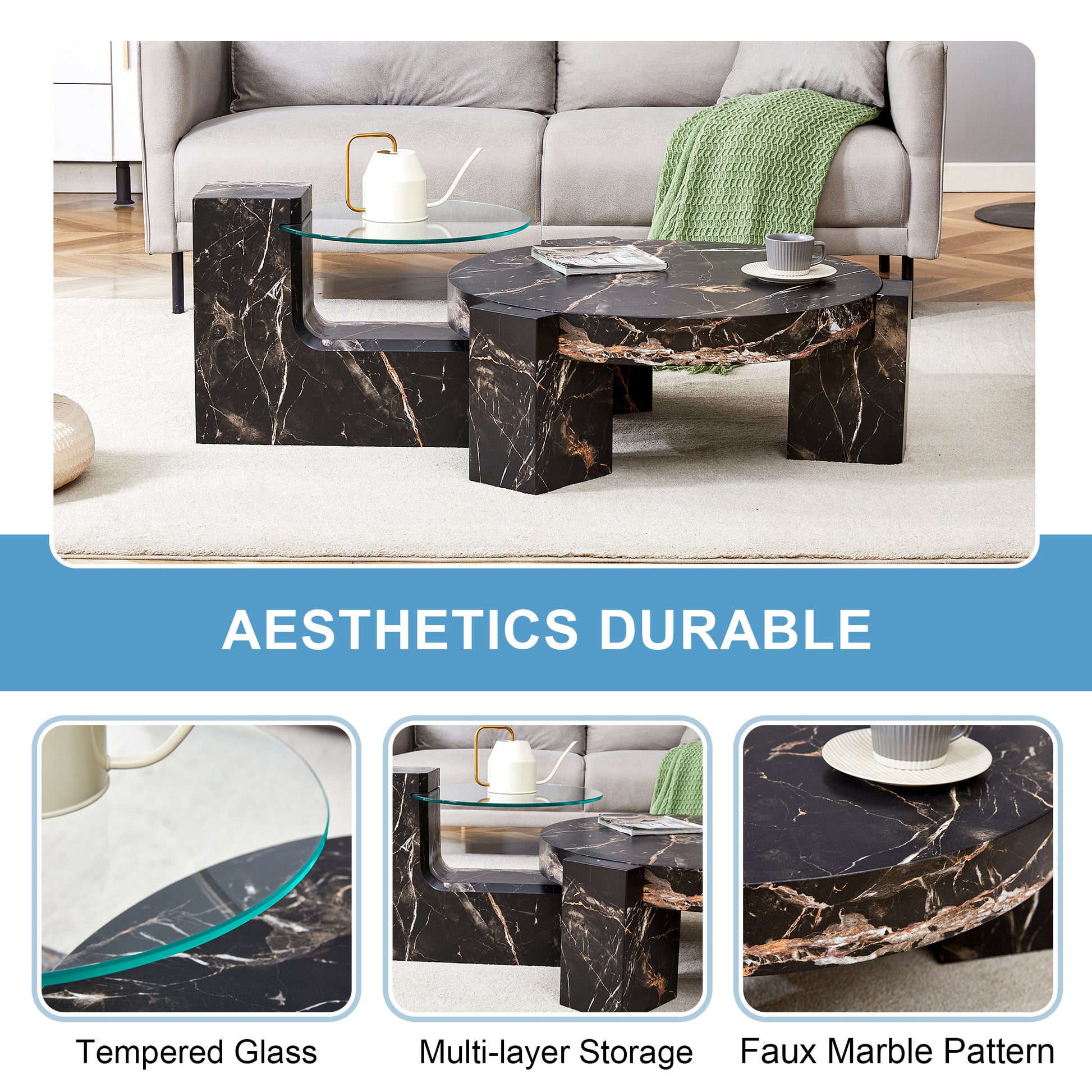 The Detachable Double Decker Coffee Table, The Stylish Design Is More Precious, And The Detachable Design Can Make The Use Of Space More Flexible And Suitable For Various Scenes. Black Mdf