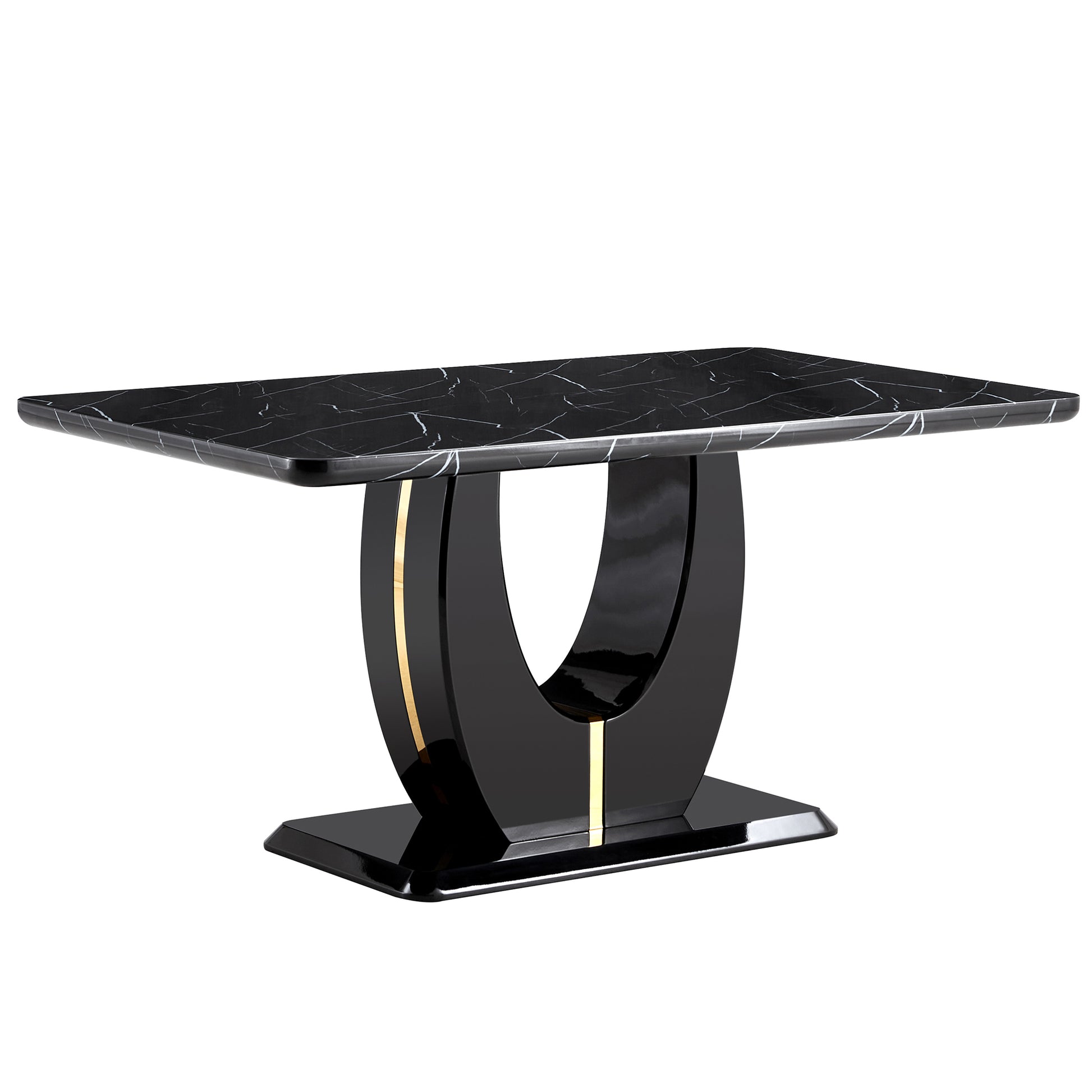 Table And Chair Set.63"W X 37"D X 30"H Black Marble Mdf Diningtable Set With 6 Black Pu Chairs With Gold Metal Legs.Bring A Comfortable Home Experience To The Kitchen, Bedroom, And Office.