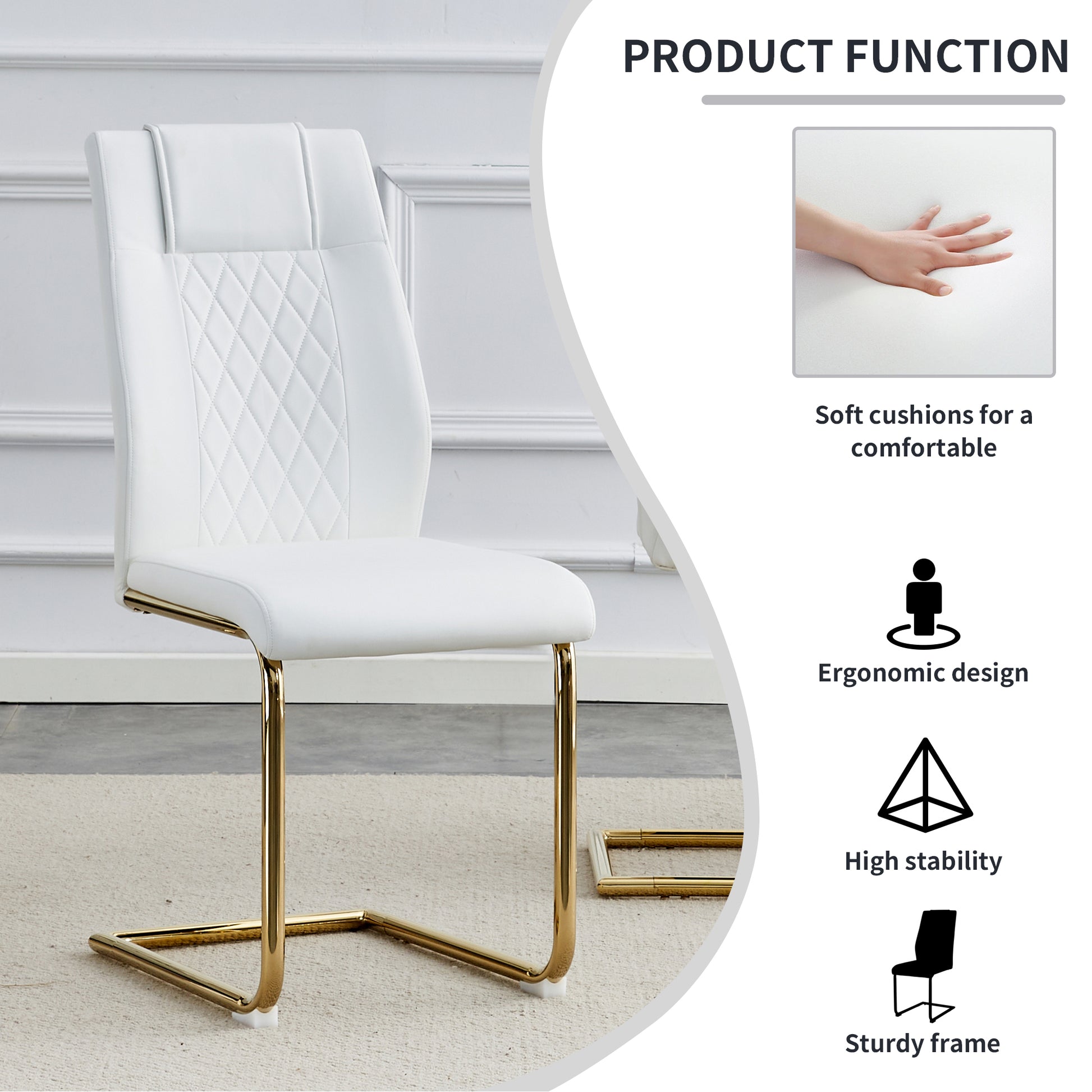 Table And Chair Set.Modern Rectangular Glass Dining Table With A Tempered Glass Tabletop And Metal Legs, Paired With Multiple Chairs Designed With Pu Cushions And Golden Metal Legs. White Gold Seats 8 Tempered Glass