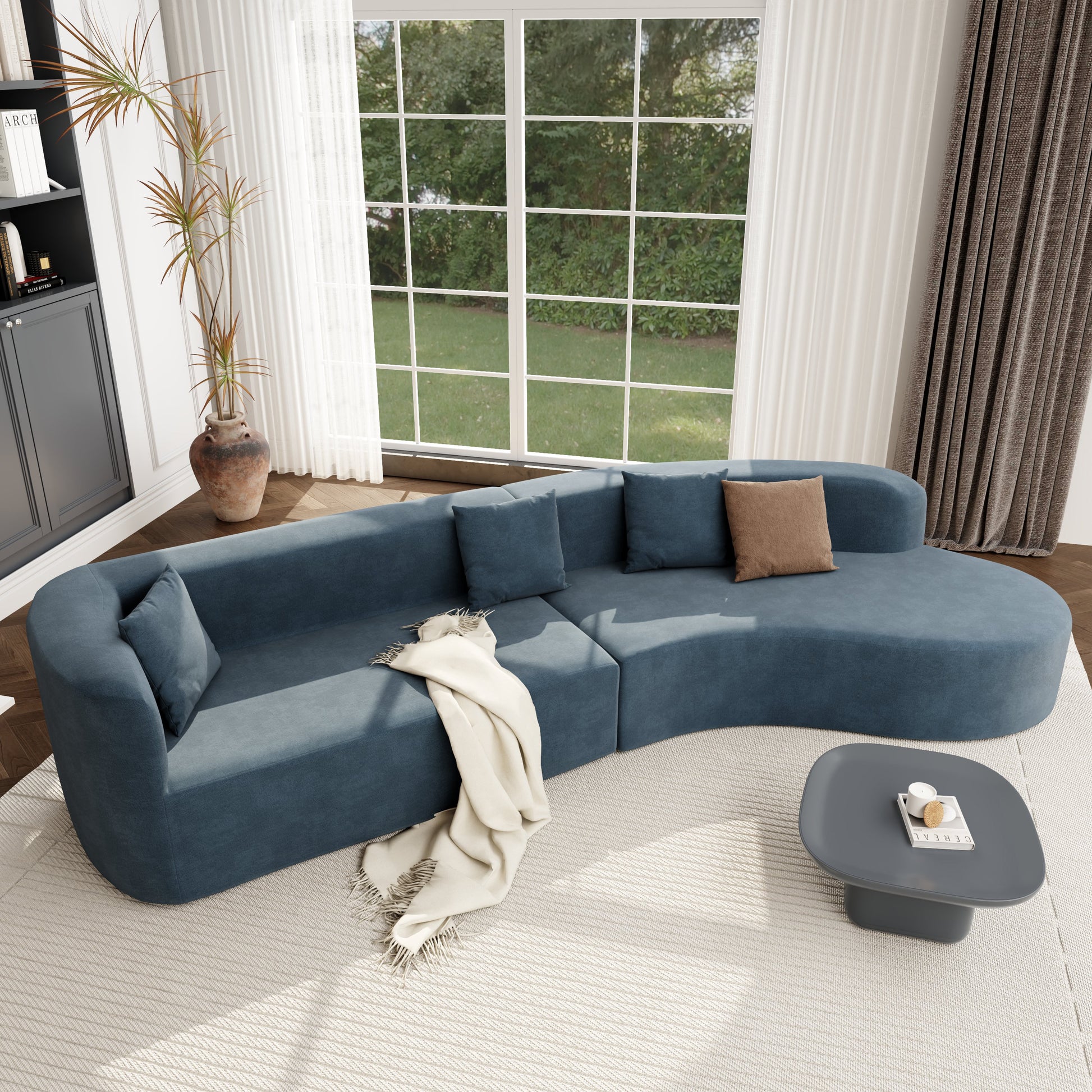 Modern Large 2 Piece Sectional Sofa With 3 Pillows,For Living Room, Bedroom Blue Polyester 2 Seat