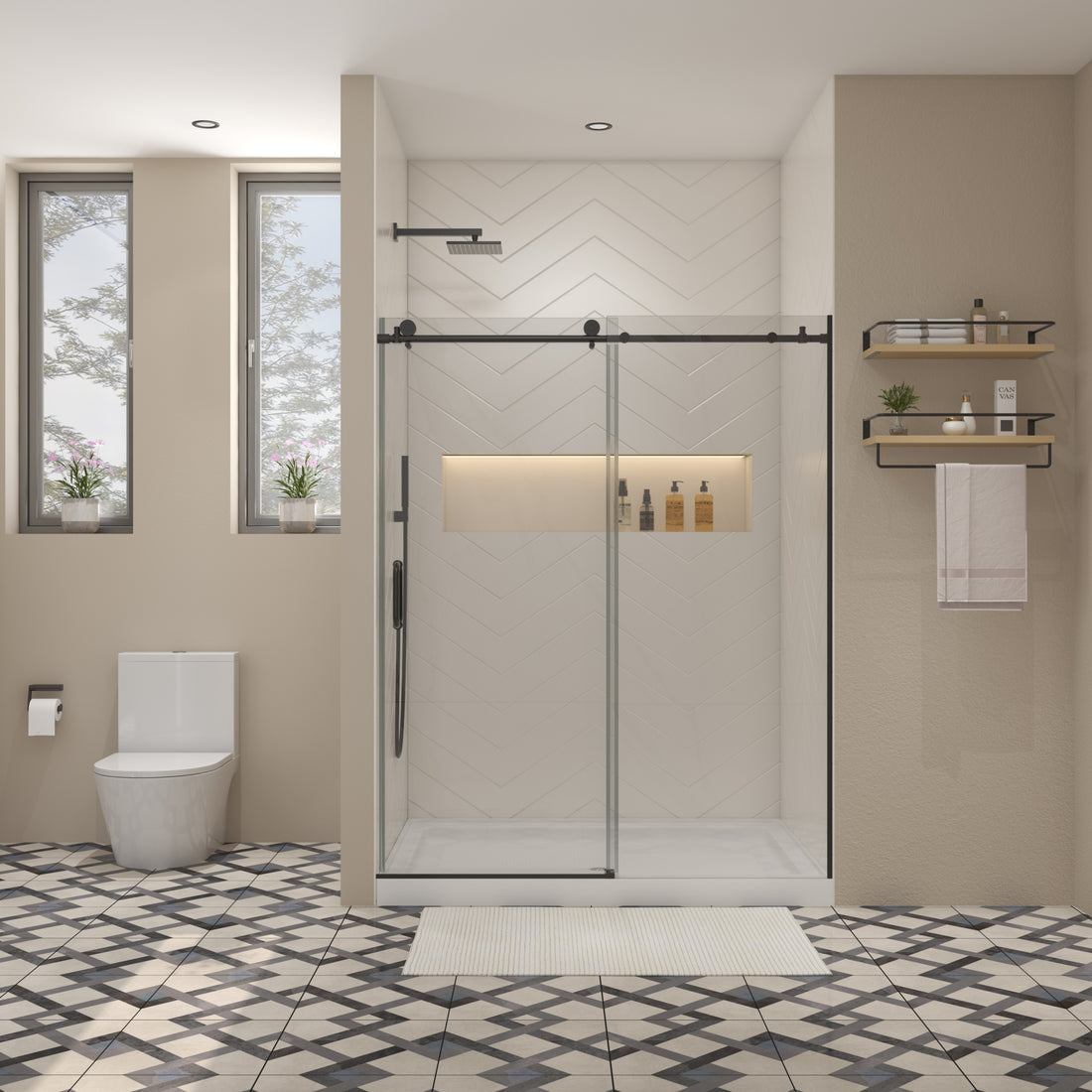 Glass Shower Door, Sliding Door, With 5 16" Tempered Glass And Matted Black Finish Matte Black Stainless Steel