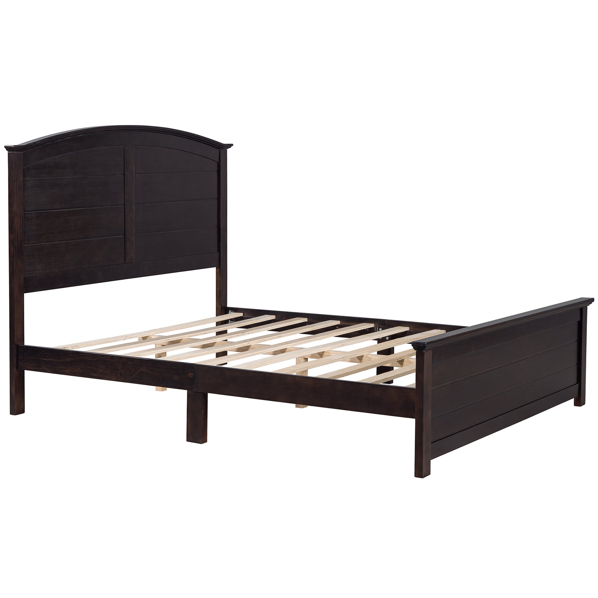 Farmhouse Wooden Platform Queen Size Bed With Curl Design Headboard And Footboard For Teenager, Espresso Queen Espresso Pine