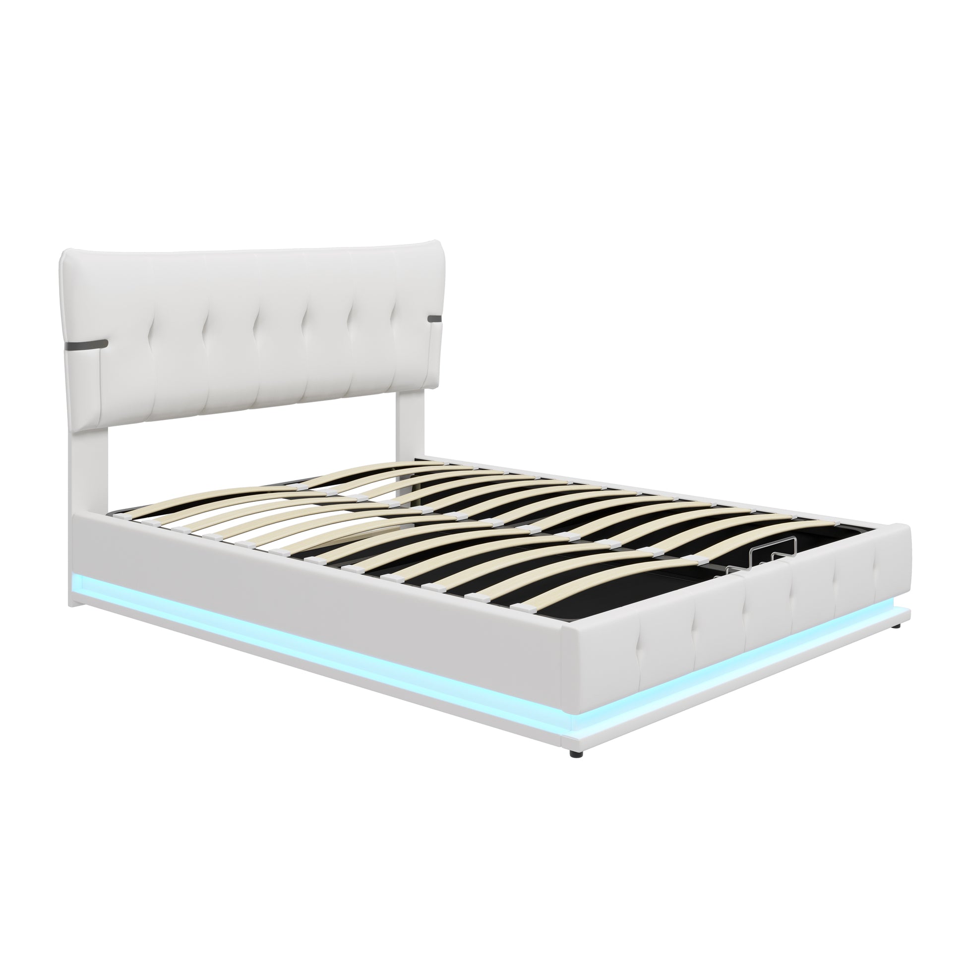 Upholstered Platform Queen Size Hydraulic Storage Bed, Lift Up Storage Bed With Rgb Led Light, Pu Leather Headboard And Footboard, No Box Spring Needed, White Queen White Wood Metal